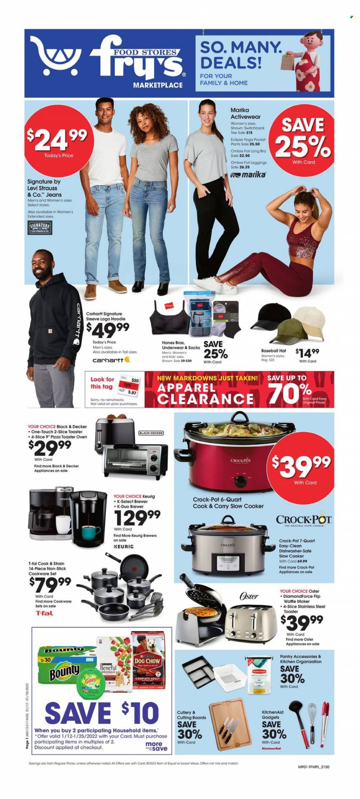 thumbnail - Fry’s Flyer - 01/12/2022 - 01/18/2022 - Sales products - pizza, Bounty, brewer, Keurig, pants, Gain, cookware set, KitchenAid, pot, hoodie, Dog Chow, Purina, dishwasher, Black & Decker, slow cooker, CrockPot. Page 1.