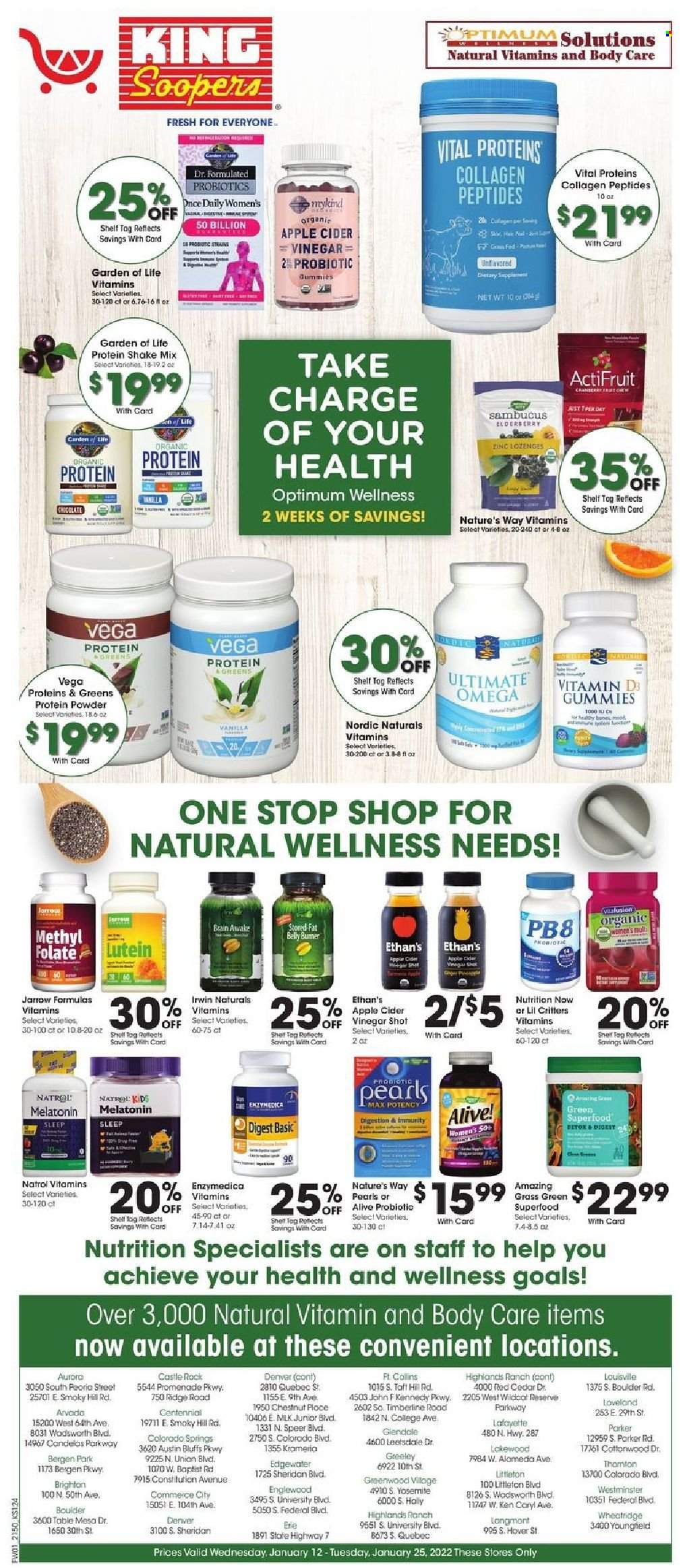 thumbnail - King Soopers Flyer - 01/12/2022 - 01/18/2022 - Sales products - table, protein drink, shake, chocolate, vinegar, cider, Castle, Parker, Optimum, Shell, Natrol, probiotics, zinc, whey protein, Vital Proteins, vitamin D3, Alive!. Page 11.