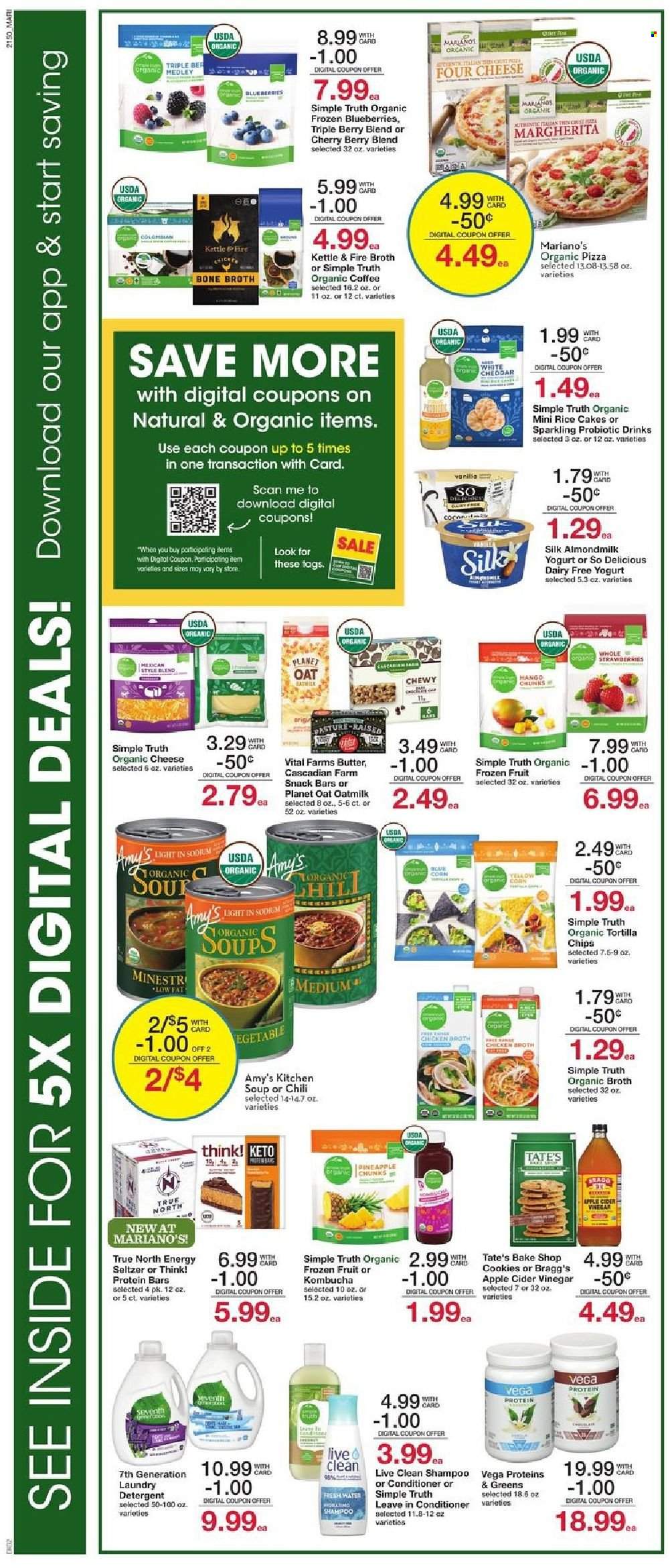 thumbnail - Mariano’s Flyer - 01/12/2022 - 01/18/2022 - Sales products - blueberries, pineapple, pizza, soup, yoghurt, almond milk, Silk, oat milk, butter, cookies, snack, snack bar, tortilla chips, chicken broth, broth, protein bar, rice, apple cider vinegar, seltzer water, kombucha, organic coffee, detergent, laundry detergent. Page 3.