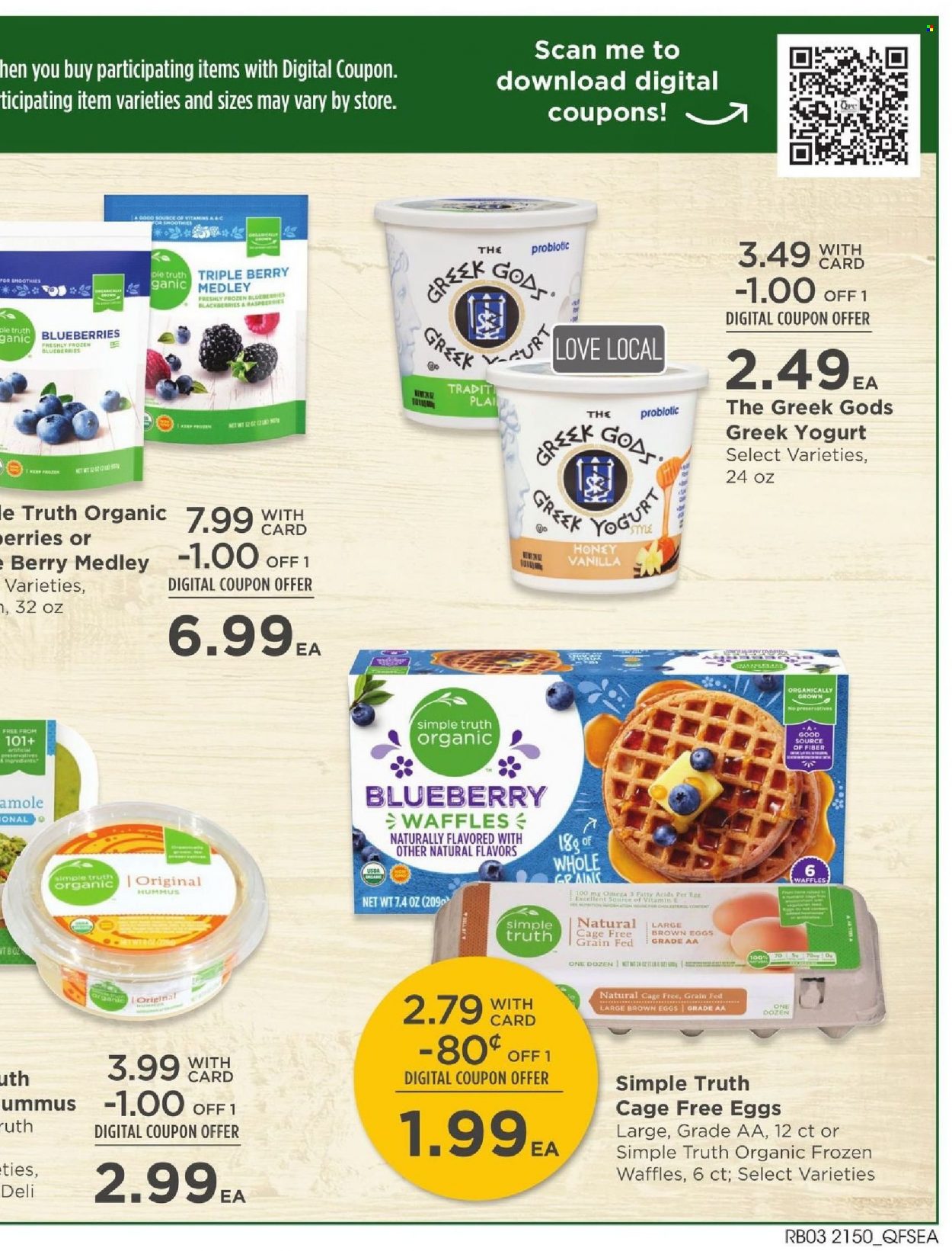 thumbnail - QFC Flyer - 01/12/2022 - 01/18/2022 - Sales products - pie, waffles, blackberries, blueberries, hummus, greek yoghurt, yoghurt, eggs, cage free eggs, honey. Page 11.