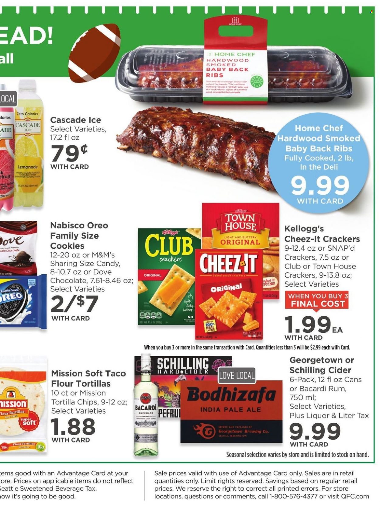 thumbnail - QFC Flyer - 01/12/2022 - 01/18/2022 - Sales products - flour tortillas, Oreo, cookies, chocolate, snack, M&M's, crackers, Kellogg's, tortilla chips, chips, Cheez-It, lemonade, Bacardi, rum, cider, pork meat, pork ribs, pork back ribs, Cascade, Dove. Page 15.