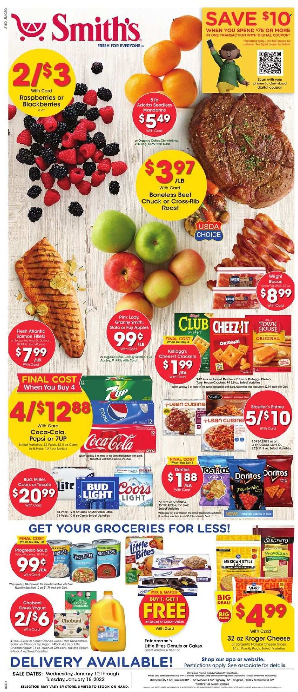thumbnail - Smith's Flyer - 01/12/2022 - 01/18/2022 - Sales products - cake, donut, Entenmann's, apples, blackberries, Gala, mandarines, Fuji apple, Granny Smith, Pink Lady, salmon, salmon fillet, Progresso, Lean Cuisine, bacon, sliced cheese, cheese, Provolone, Sargento, greek yoghurt, yoghurt, probiotic yoghurt, Chobani, Stouffer's, crackers, Kellogg's, Little Bites, Doritos, chips, Smith's, Cheez-It, Tostitos, Coca-Cola, Pepsi, juice, 7UP, beer, Miller, clementines, Coors, Michelob. Page 1.