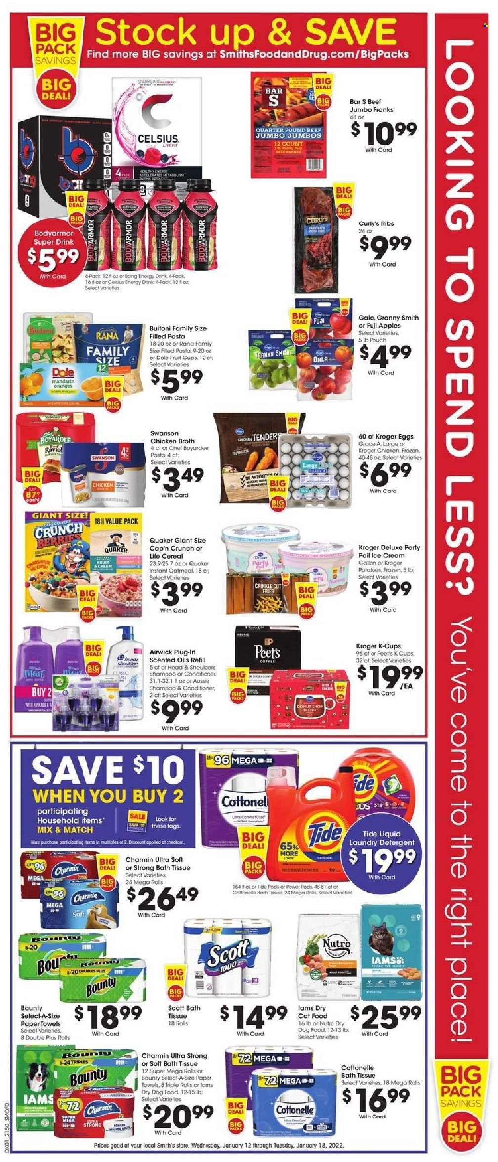 thumbnail - Smith's Flyer - 01/12/2022 - 01/18/2022 - Sales products - fruit cup, potatoes, Dole, apples, Gala, Fuji apple, Granny Smith, pasta, Quaker, Rana, Buitoni, filled pasta, eggs, ice cream, potato fries, Bounty, Smith's, chicken broth, oatmeal, broth, Chef Boyardee, cereals, Cap'n Crunch, energy drink, coffee capsules, K-Cups, bath tissue, Cottonelle, Scott, kitchen towels, paper towels, Charmin, detergent, Tide, laundry detergent, shampoo, Aussie, conditioner, Head & Shoulders, Air Wick, animal food, cat food, dog food, dry dog food, dry cat food, Iams. Page 2.