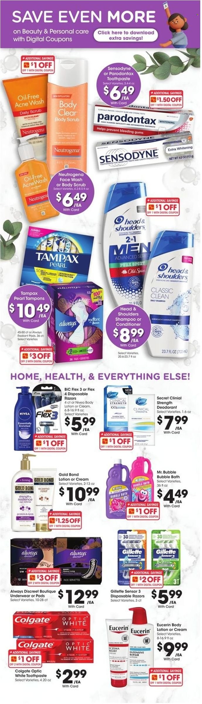 thumbnail - City Market Flyer - 01/05/2022 - 02/01/2022 - Sales products - spice, Nivea, bubble bath, shampoo, Old Spice, face gel, Colgate, toothpaste, Sensodyne, Tampax, Always Discreet, tampons, Neutrogena, face wash, conditioner, Head & Shoulders, body lotion, body scrub, Daily Scrub, Eucerin, anti-perspirant, deodorant, BIC, Gillette, disposable razor. Page 1.