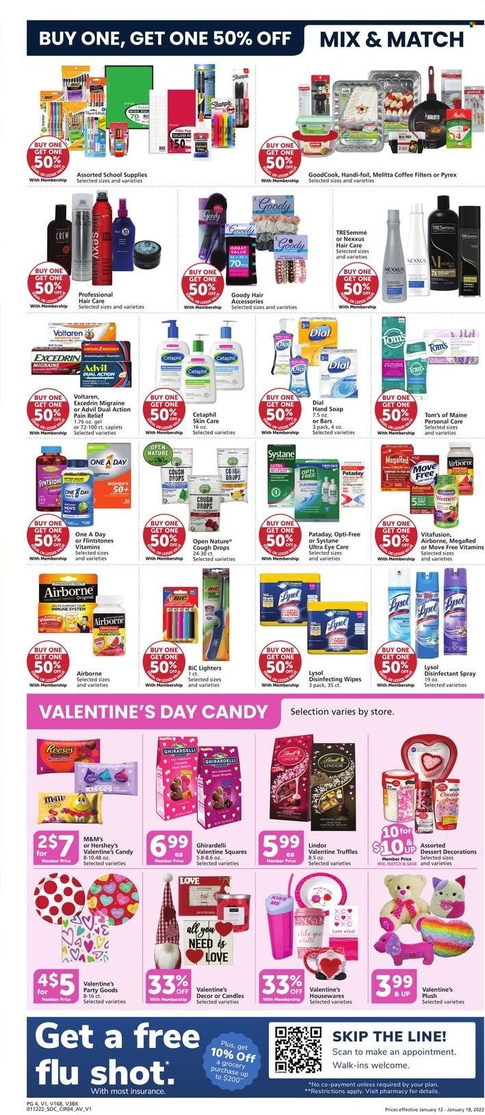 thumbnail - Albertsons Flyer - 01/12/2022 - 01/18/2022 - Sales products - Reese's, Hershey's, Lindor, truffles, M&M's, Ghirardelli, coffee, wipes, desinfection, Lysol, hand soap, Dial, soap, TRESemmé, Nexxus, BIC, antibacterial spray, Pyrex, candle, pain relief, Excedrin, MegaRed, Move Free, Systane, Vitafusion, Advil Rapid, cough drops. Page 4.