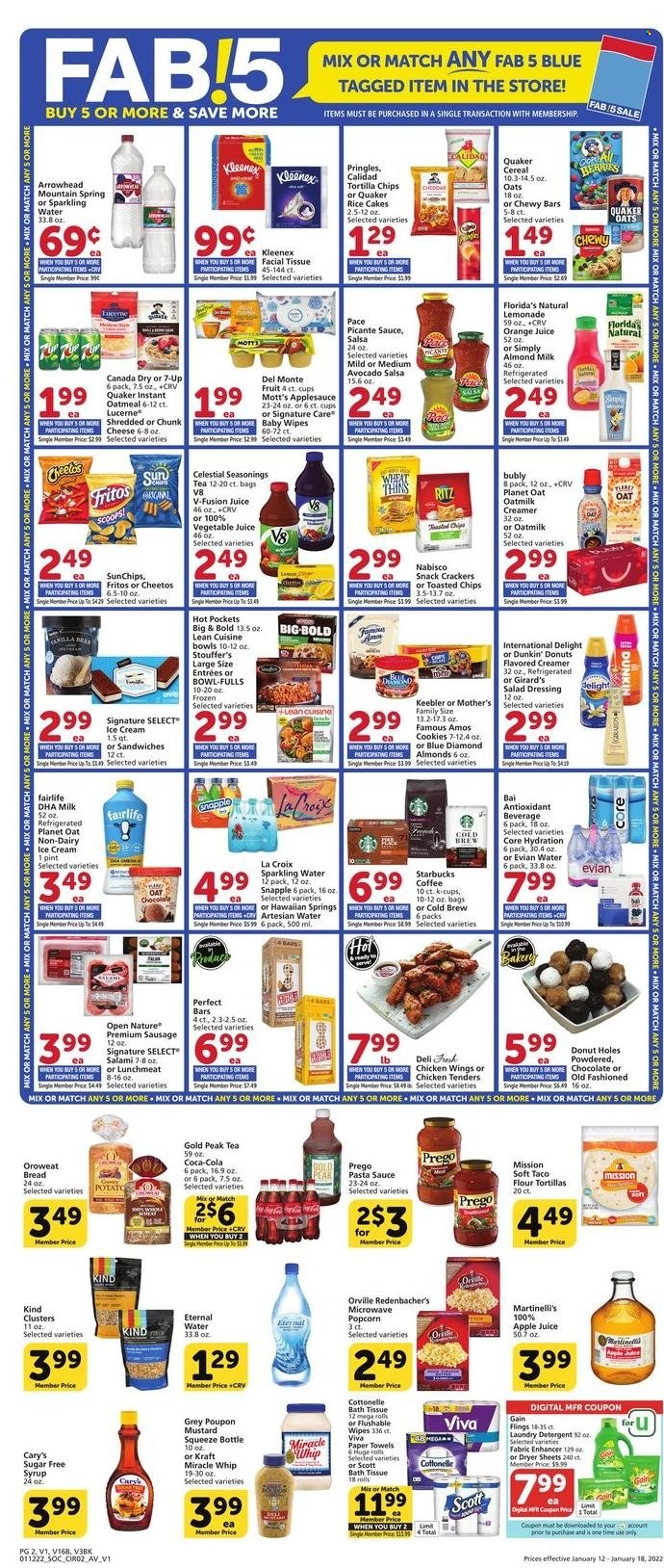 thumbnail - Vons Flyer - 01/12/2022 - 01/18/2022 - Sales products - bread, flour tortillas, donut holes, Dunkin' Donuts, avocado, Mott's, chicken tenders, chicken wings, hot pocket, pasta sauce, sandwich, Quaker, Lean Cuisine, bowl-fulls, Kraft®, salami, sausage, lunch meat, chunk cheese, almond milk, oat milk, creamer, Miracle Whip, ice cream, Stouffer's, cookies, snack, crackers, Florida's Natural, Keebler, RITZ, Fritos, tortilla chips, Pringles, Cheetos, Thins, oatmeal, cereals, rice, mustard, salad dressing, dressing, salsa, apple sauce, fruit jam, syrup, Blue Diamond, apple juice, Canada Dry, Coca-Cola, lemonade, orange juice, juice, 7UP, Snapple, Gold Peak Tea, vegetable juice, Bai, sparkling water, Evian, tea, coffee, Starbucks, coffee capsules, K-Cups, wipes, baby wipes, bath tissue, Cottonelle, Kleenex, Scott, kitchen towels, paper towels, detergent, Gain, laundry detergent, dryer sheets. Page 2.