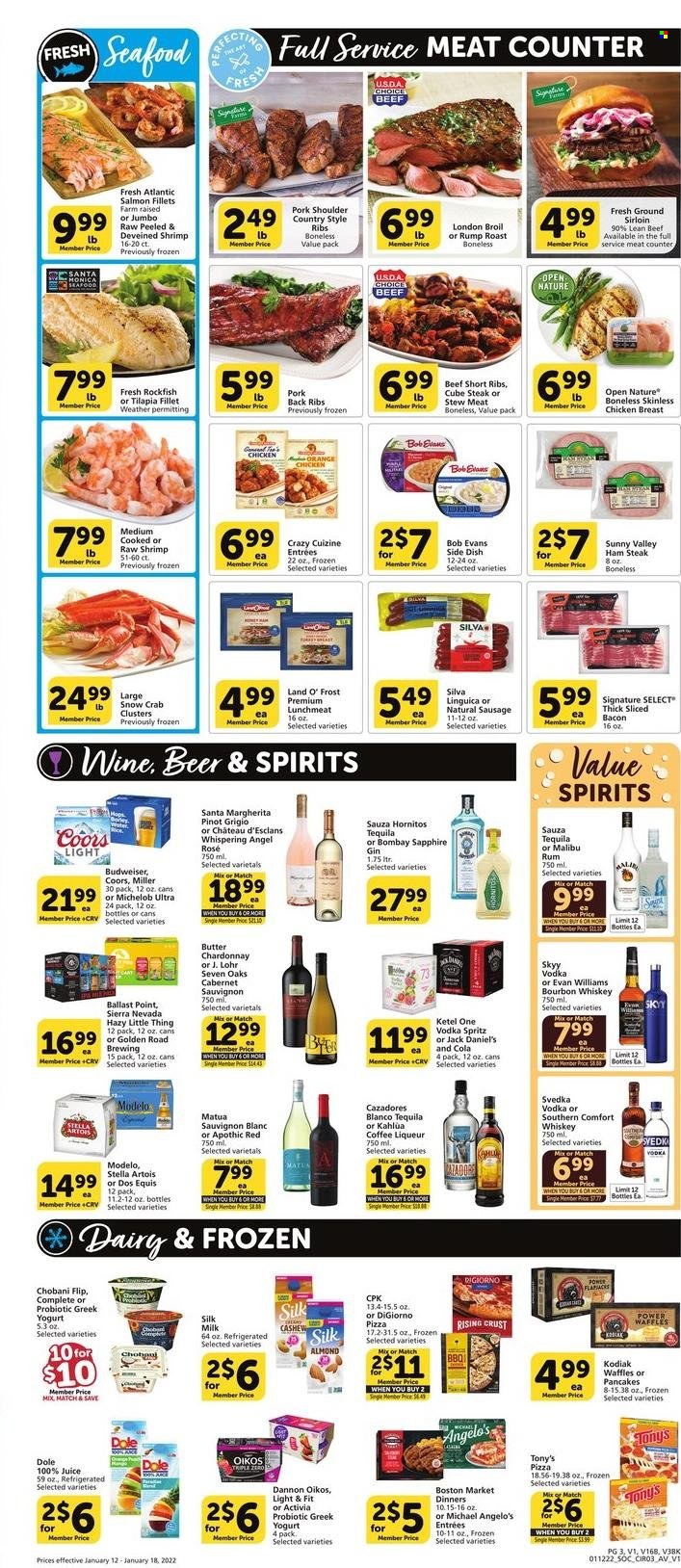thumbnail - Vons Flyer - 01/12/2022 - 01/18/2022 - Sales products - waffles, Dole, oranges, chicken breasts, beef meat, beef ribs, stew meat, steak, Bob Evans, pork meat, pork ribs, pork shoulder, pork back ribs, country style ribs, rockfish, salmon, salmon fillet, tilapia, crab, shrimps, Jack Daniel's, pizza, bacon, ham, sausage, lunch meat, ham steaks, greek yoghurt, yoghurt, Oikos, Chobani, Dannon, milk, butter, juice, coffee, Kahlúa, Cabernet Sauvignon, red wine, white wine, Chardonnay, Pinot Grigio, Sauvignon Blanc, rosé wine, gin, liqueur, rum, tequila, vodka, whiskey, SKYY, Malibu, bourbon whiskey, whisky, beer, Miller, Modelo, Budweiser, Stella Artois, Coors, Dos Equis, Michelob. Page 3.