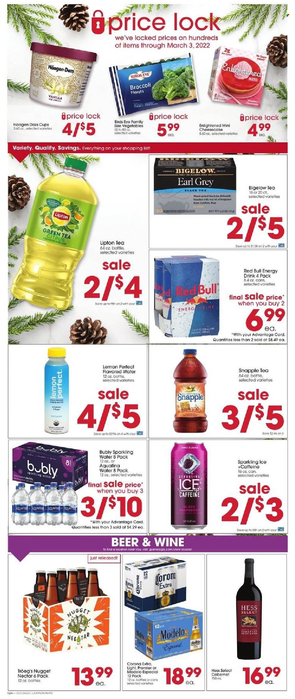 thumbnail - Giant Eagle Flyer - 01/13/2022 - 01/19/2022 - Sales products - broccoli, Bird's Eye, Häagen-Dazs, Enlightened lce Cream, energy drink, Lipton, Red Bull, Snapple, Aquafina, flavored water, sparkling water, green tea, tea, Cabernet Sauvignon, wine, beer, Corona Extra, Modelo, cup. Page 5.