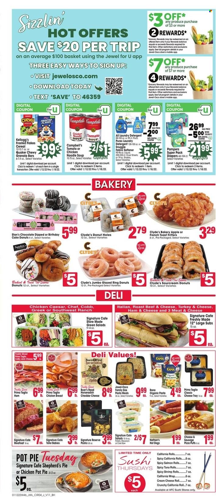 thumbnail - Jewel Osco Flyer - 01/12/2022 - 01/18/2022 - Sales products - cake, pie, donut holes, pot pie, puffs, horseradish, salmon, tuna, shrimps, Campbell's, tomato soup, hot dog, pizza, macaroni, soup, pasta, meatloaf, Quaker, noodles, Rana, ham, cream cheese, cheddar, chocolate, Kellogg's, cereals, granola bar, Frosted Flakes, beef meat, roast beef, Pampers, nappies, detergent, Snuggle, fabric softener, laundry detergent, Purex, pot. Page 4.