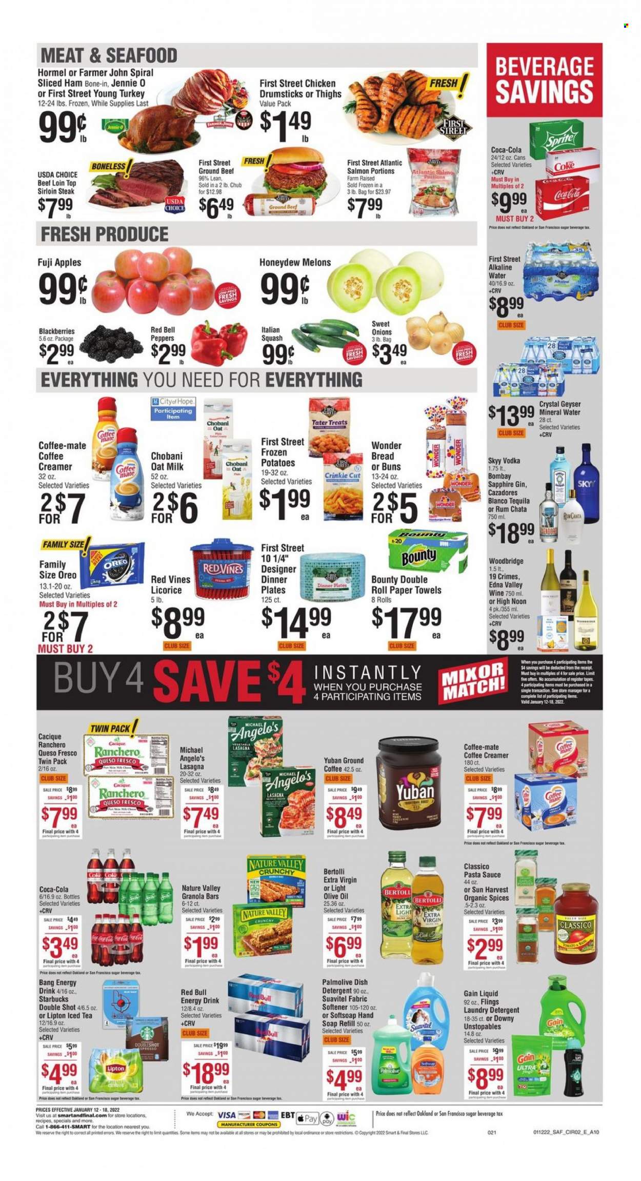 thumbnail - Smart & Final Flyer - 01/12/2022 - 01/18/2022 - Sales products - bread, buns, potatoes, peppers, apples, honeydew, Fuji apple, salmon, seafood, pasta sauce, sauce, lasagna meal, Bertolli, Hormel, ham, queso fresco, Oreo, Chobani, Coffee-Mate, milk, oat milk, creamer, Bounty, sugar, granola bar, Nature Valley, Classico, extra virgin olive oil, olive oil, oil, Coca-Cola, energy drink, Lipton, ice tea, Red Bull, mineral water, alkaline water, Starbucks, ground coffee, L'Or, Woodbridge, gin, rum, tequila, vodka, SKYY, chicken drumsticks, beef meat, beef sirloin, ground beef, steak, sirloin steak, kitchen towels, paper towels, Gain, Unstopables, fabric softener, laundry detergent, melons. Page 3.