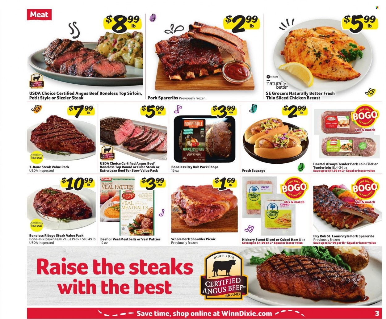 thumbnail - Winn Dixie Flyer - 01/12/2022 - 01/18/2022 - Sales products - meatballs, Hormel, ham, sausage, herbs, beef meat, beef steak, t-bone steak, steak, bone-in ribeye, ribeye steak, pork chops, pork loin, pork meat, pork shoulder, pork spare ribs. Page 3.