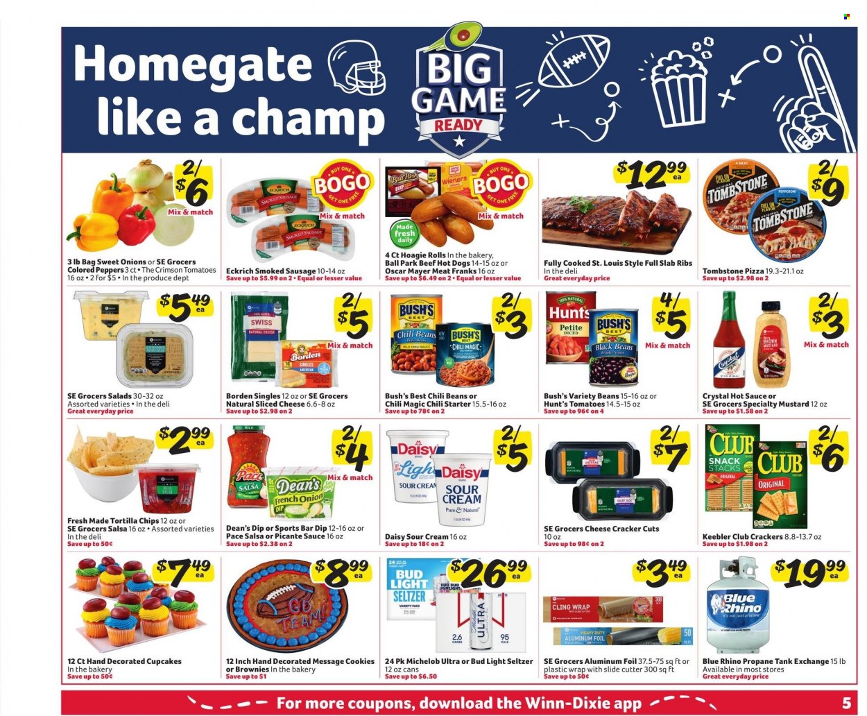 thumbnail - Winn Dixie Flyer - 01/12/2022 - 01/18/2022 - Sales products - cupcake, brownies, beans, peppers, hot dog, pizza, Oscar Mayer, sausage, smoked sausage, pepperoni, Colby cheese, sliced cheese, sour cream, dip, cookies, snack, crackers, Keebler, tortilla chips, chips, black beans, chili beans, mustard, hot sauce, chilli sauce, salsa, Hard Seltzer, beer, Bud Light, aluminium foil, cutter, Dixie, tank, Michelob. Page 5.