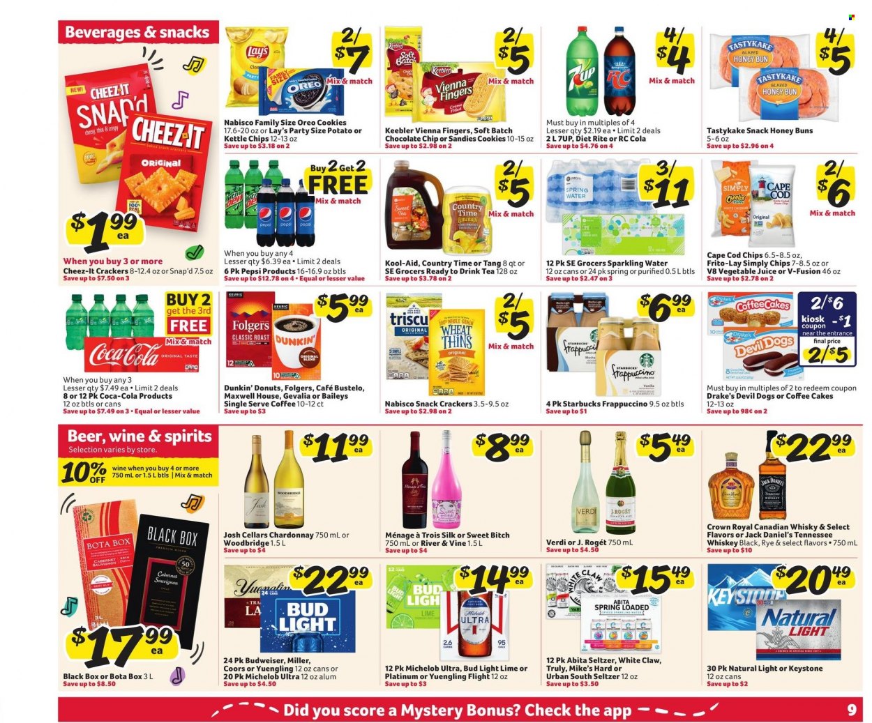 thumbnail - Winn Dixie Flyer - 01/12/2022 - 01/18/2022 - Sales products - cake, buns, donut, coffee cake, Dunkin' Donuts, cod, Jack Daniel's, cheese, Oreo, Silk, cookies, vienna fingers, snack, crackers, Keebler, chips, Lay’s, Thins, Frito-Lay, Cheez-It, Coca-Cola, Pepsi, juice, 7UP, vegetable juice, Country Time, seltzer water, spring water, sparkling water, Maxwell House, tea, Starbucks, Folgers, Gevalia, frappuccino, Keurig, Cabernet Sauvignon, red wine, white wine, Chardonnay, wine, Woodbridge, canadian whisky, Tennessee Whiskey, whiskey, Baileys, White Claw, TRULY, whisky, beer, Bud Light, Miller, Keystone, Budweiser, Coors, Yuengling, Michelob. Page 11.
