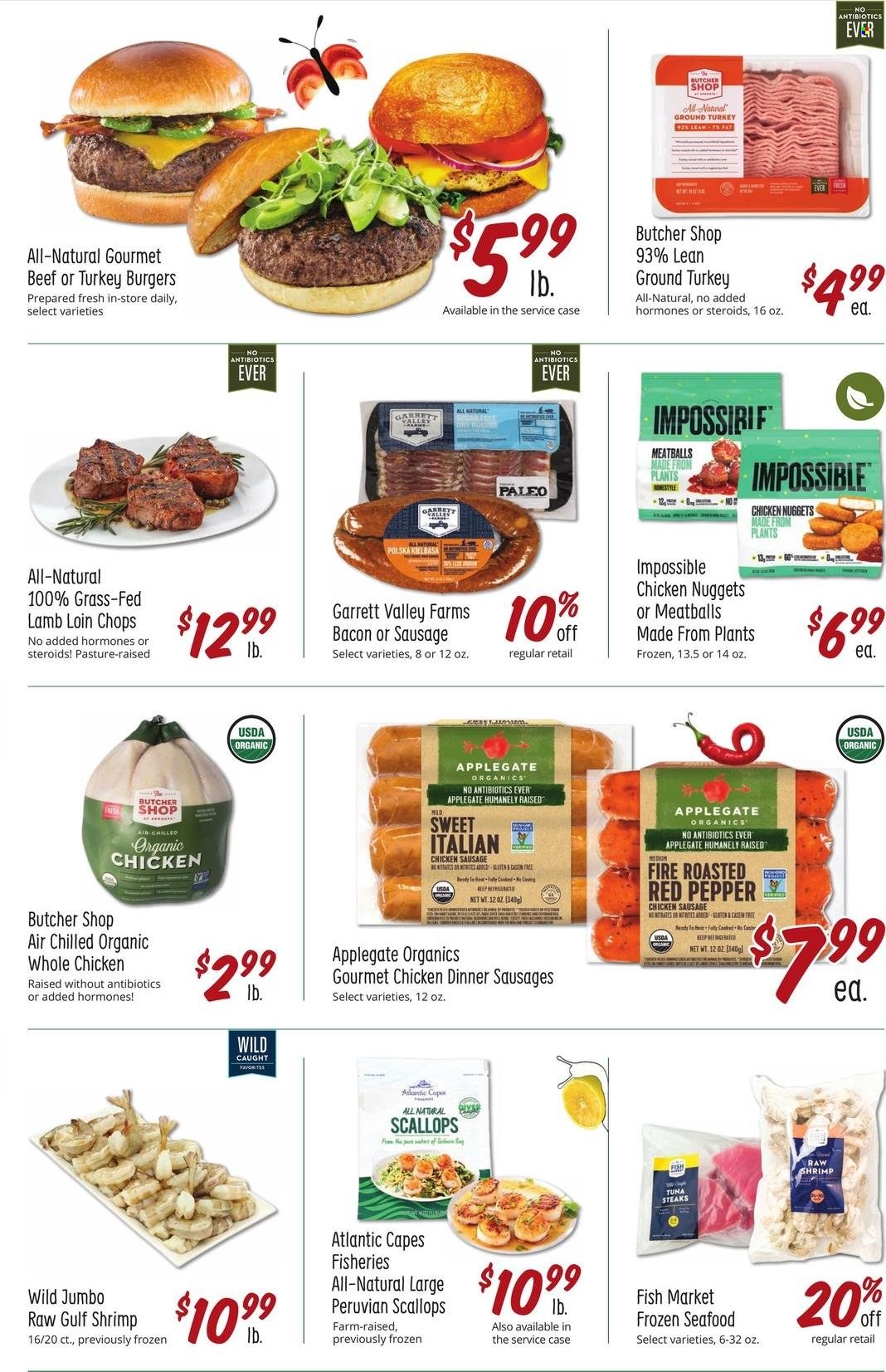thumbnail - Sprouts Flyer - 01/12/2022 - 01/18/2022 - Sales products - scallops, tuna, seafood, shrimps, meatballs, nuggets, hamburger, chicken nuggets, bacon, sausage, chicken sausage, kielbasa, ground turkey, whole chicken, steak, turkey burger, lamb loin, lamb meat. Page 7.