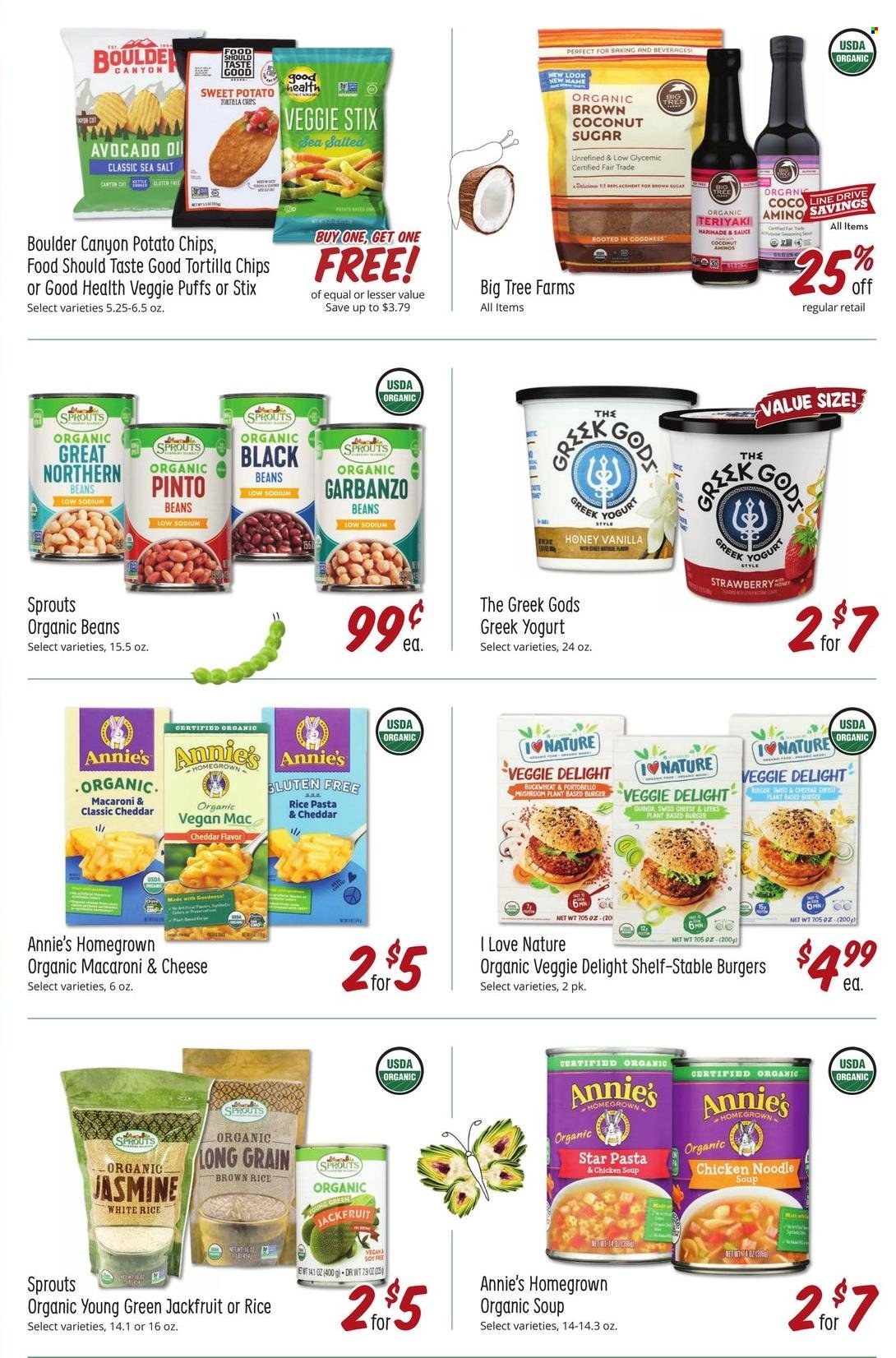 thumbnail - Sprouts Flyer - 01/12/2022 - 01/18/2022 - Sales products - portobello mushrooms, puffs, beans, sweet potato, avocado, coconut, macaroni & cheese, chicken soup, soup, hamburger, pasta, sauce, noodles cup, noodles, Annie's, greek yoghurt, yoghurt, tortilla chips, potato chips, chips, sugar, coconut sugar, brown rice, white rice, honey, Love Nature. Page 10.