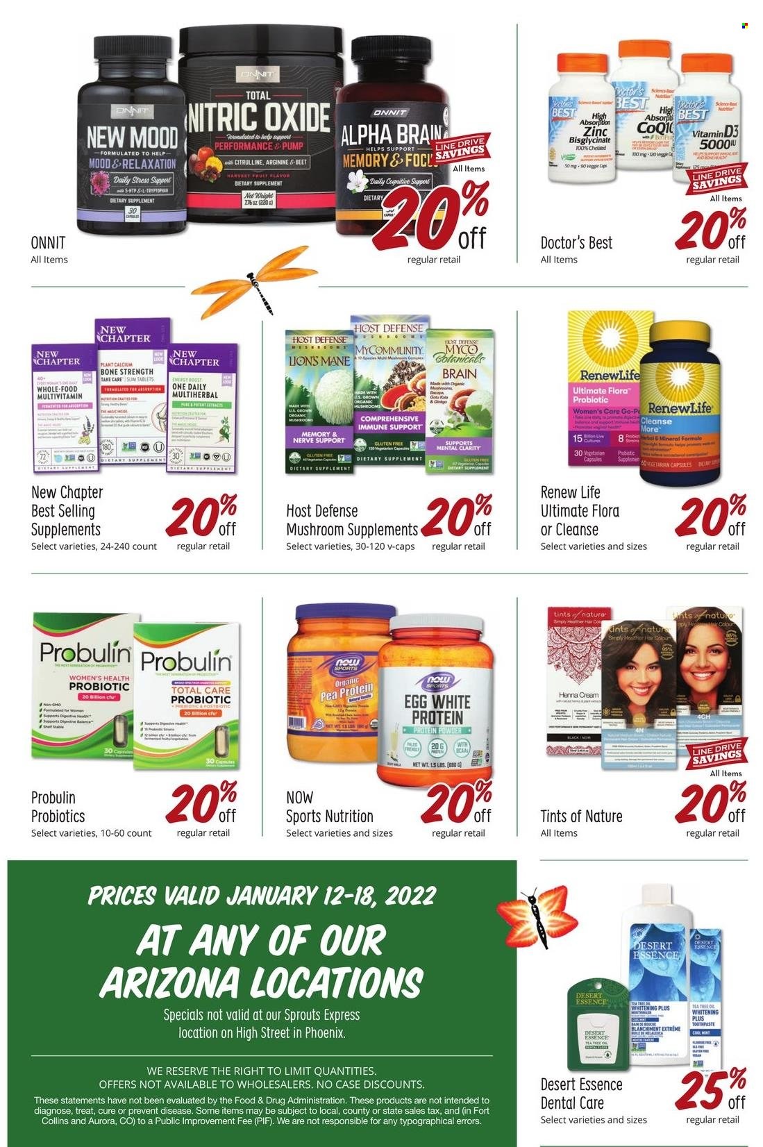 thumbnail - Sprouts Flyer - 01/12/2022 - 01/18/2022 - Sales products - mushrooms, eggs, Flora, AriZona, tea, cap, calcium, multivitamin, probiotics, whey protein, vitamin D3, one daily, dietary supplement, Probulin. Page 11.
