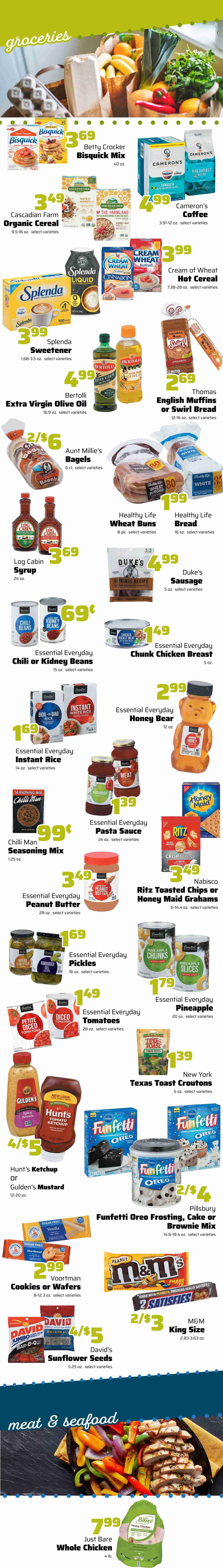 thumbnail - County Market Flyer - 01/12/2022 - 01/18/2022 - Sales products - bagels, english muffins, buns, cupcake, brownie mix, cake mix, corn, pineapple, seafood, pasta sauce, hamburger, pancakes, Pillsbury, Bertolli, sausage, Oreo, cookies, wafers, Snickers, M&M's, chocolate candies, RITZ, chips, Thins, Bisquick, croutons, frosting, brewer, sweetener, kidney beans, pickles, chili beans, cereals, Cream of Wheat, Honey Maid, rice, white rice, long grain rice, dill, spice, cinnamon, mustard, ketchup, extra virgin olive oil, olive oil, oil, corn syrup, peanut butter, syrup, sunflower seeds, juice, coffee, ground coffee, coffee capsules, K-Cups, breakfast blend, whole chicken, chicken breasts. Page 2.