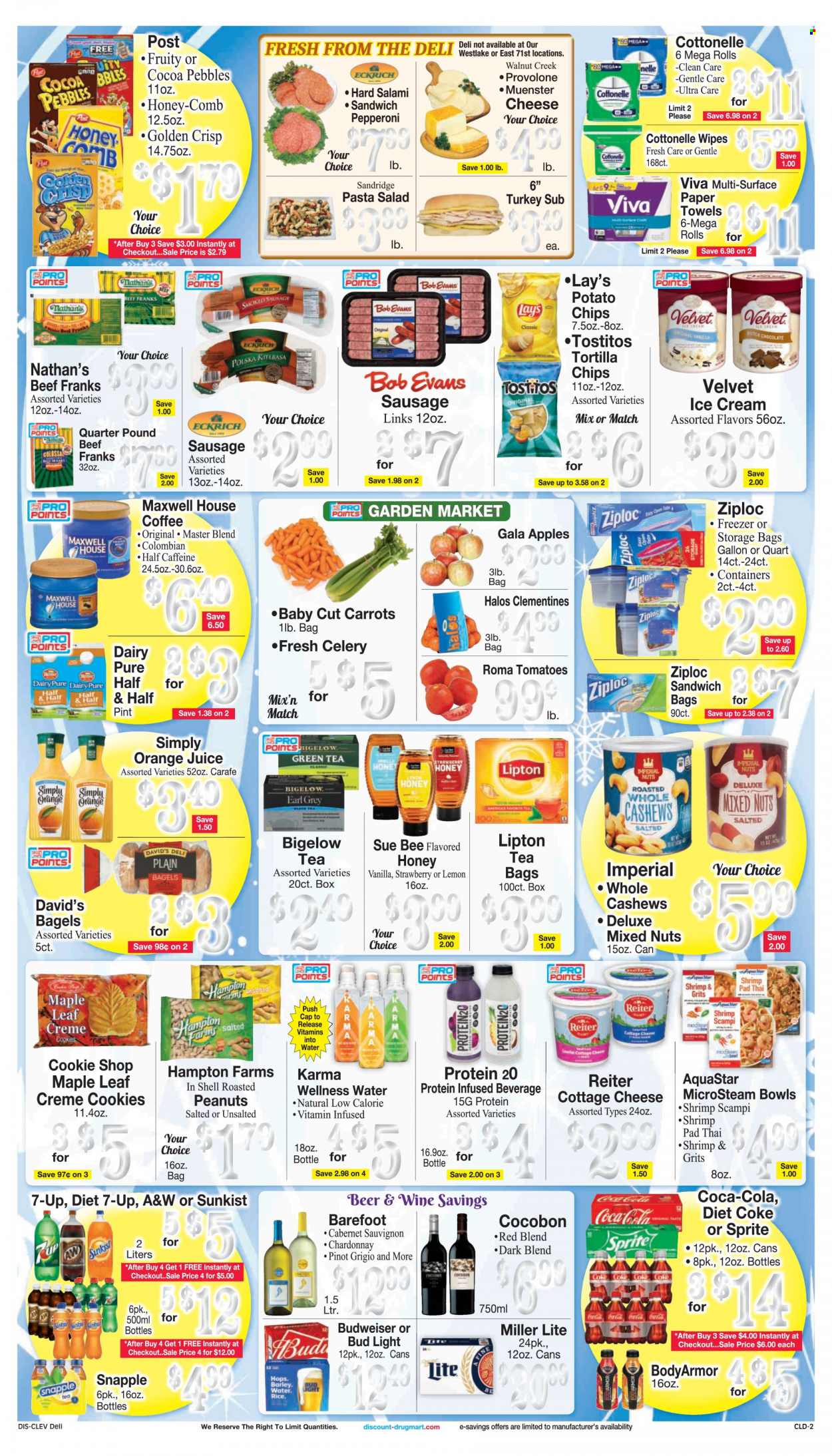 thumbnail - Discount Drug Mart Flyer - 01/12/2022 - 01/18/2022 - Sales products - bagels, tortillas, carrots, celery, tomatoes, salad, apples, Gala, shrimps, pasta, Bob Evans, salami, smoked sausage, pepperoni, kielbasa, pasta salad, cottage cheese, cheese, Münster cheese, Provolone, ice cream, cookies, chips, Lay’s, Tostitos, grits, honey, cashews, roasted peanuts, peanuts, mixed nuts, Coca-Cola, Sprite, orange juice, juice, Lipton, Diet Coke, 7UP, Snapple, A&W, green tea, Maxwell House, tea, coffee, Cabernet Sauvignon, red wine, white wine, Chardonnay, wine, Pinot Grigio, beer, Bud Light, wipes, Cottonelle, comb, Ziploc, storage bag, bijzettafel, towel, Budweiser, clementines, Miller Lite, Half and half. Page 2.
