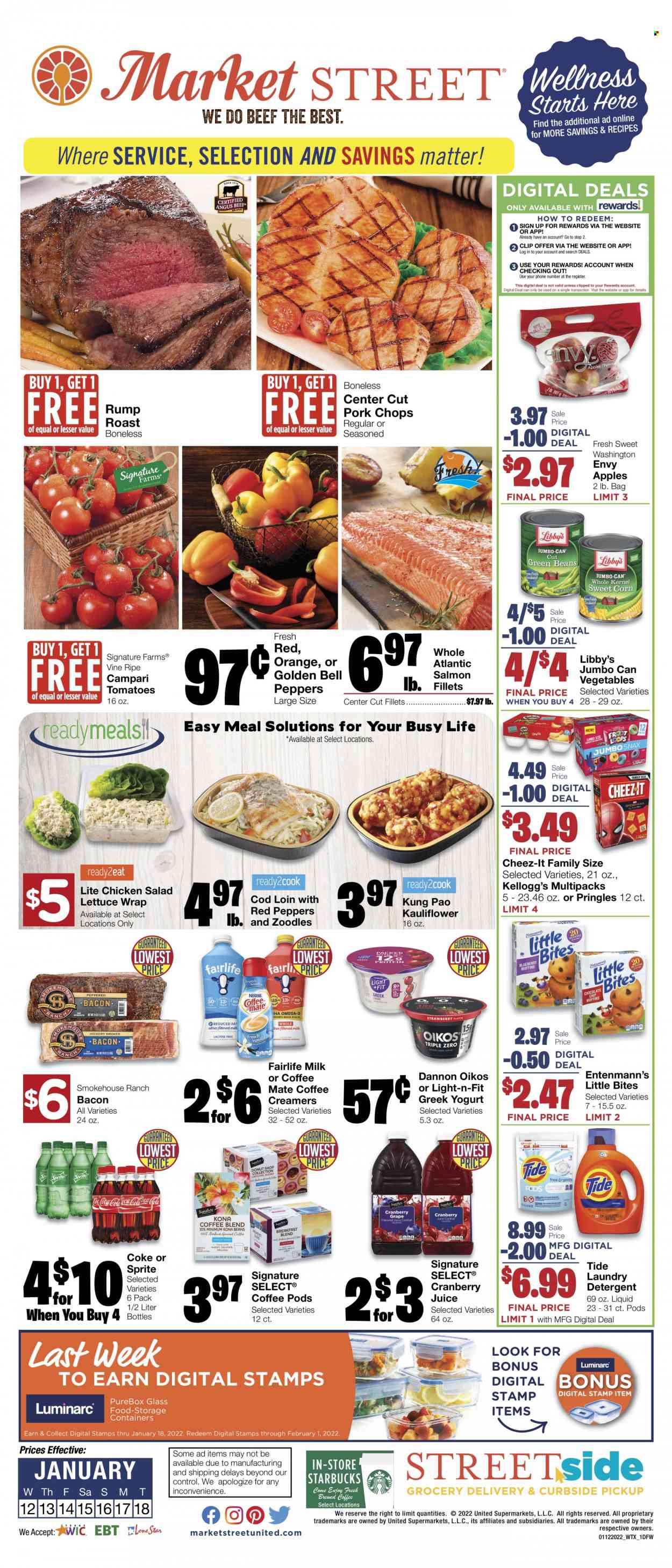thumbnail - Market Street Flyer - 01/12/2022 - 01/18/2022 - Sales products - Entenmann's, bell peppers, tomatoes, lettuce, salad, red peppers, apples, cod, salmon, salmon fillet, bacon, chicken salad, greek yoghurt, yoghurt, Oikos, Dannon, Coffee-Mate, milk, Kellogg's, Little Bites, Pringles, Cheez-It, Coca-Cola, cranberry juice, Sprite, juice, coffee pods, Starbucks, pork chops, pork meat, detergent, Tide, laundry detergent, storage box. Page 1.