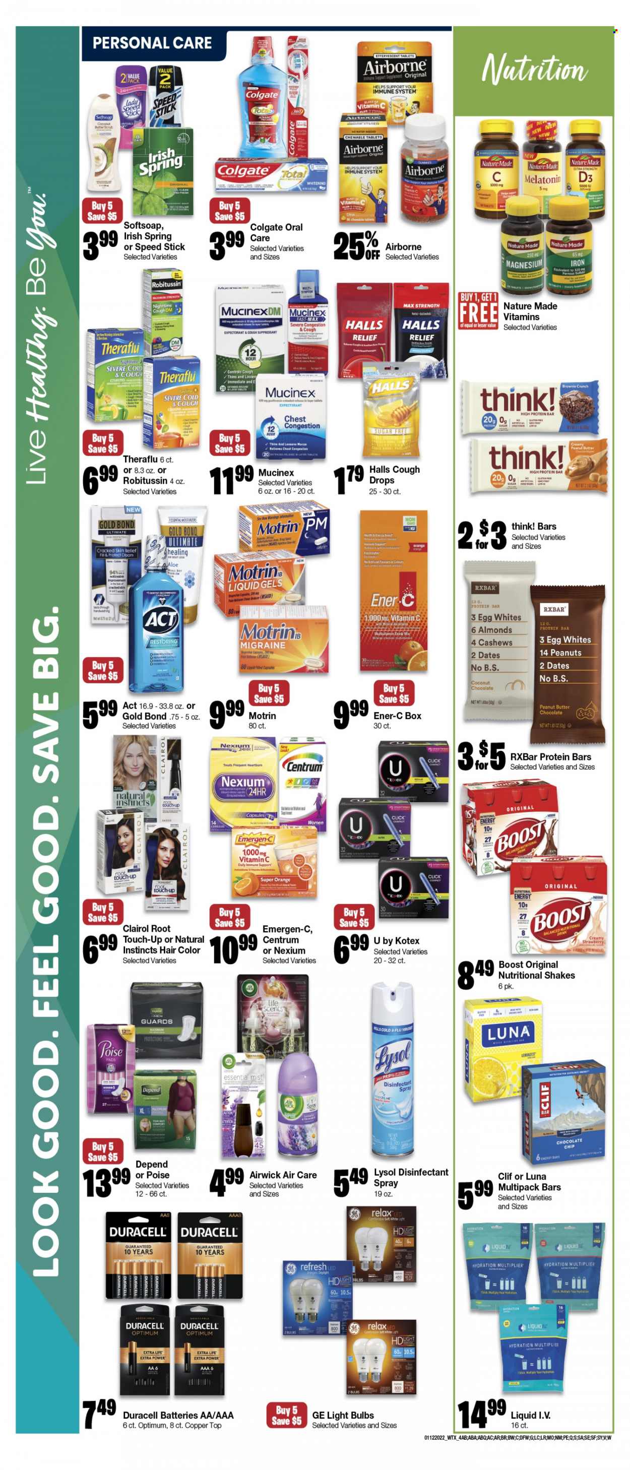 thumbnail - Market Street Flyer - 01/12/2022 - 01/18/2022 - Sales products - brownies, oranges, coconut, shake, eggs, Nestlé, Halls, chocolate chips, Thins, protein bar, energy bar, peanut butter, peanuts, Boost, desinfection, Lysol, Omo, Softsoap, Colgate, Kotex, Root Touch-Up, Clairol, hair color, Speed Stick, Veet, antibacterial spray, battery, bulb, Duracell, light bulb, Optimum, Cold & Flu, magnesium, Melatonin, Mucinex, Nature Made, Robitussin, Theraflu, vitamin c, Nexium, Emergen-C, vitamin D3, cough drops, Centrum, Motrin. Page 4.