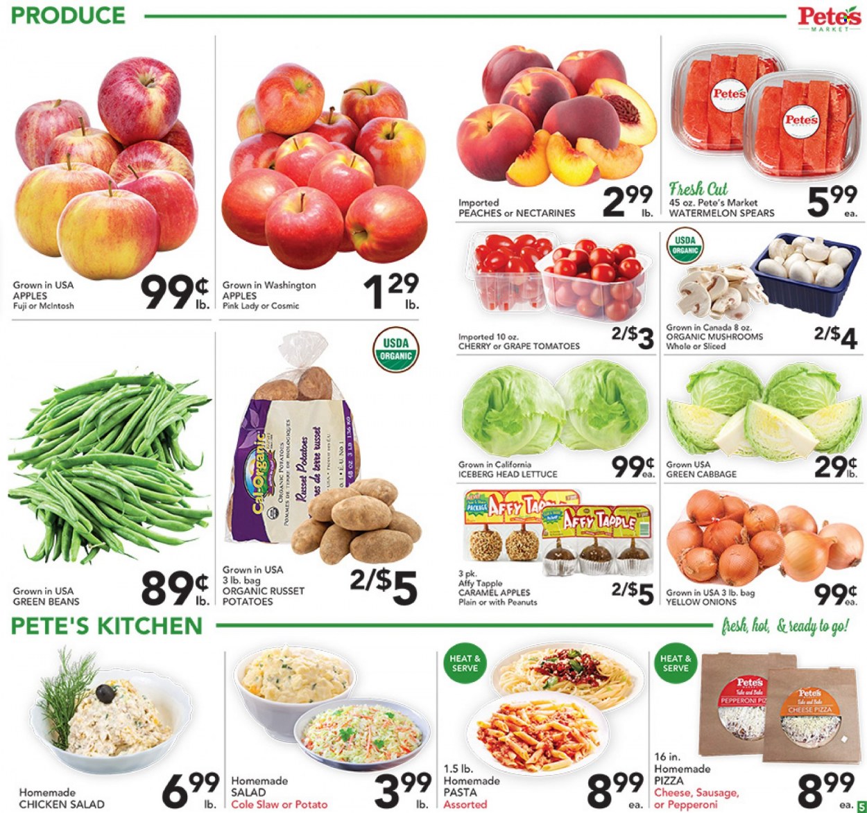 thumbnail - Pete's Fresh Market Flyer - 01/12/2022 - 01/18/2022 - Sales products - beans, cabbage, green beans, russet potatoes, potatoes, onion, lettuce, salad, apples, watermelon, cherries, Pink Lady, pizza, pasta, sausage, pepperoni, chicken salad, caramel, nectarines, peaches. Page 5.