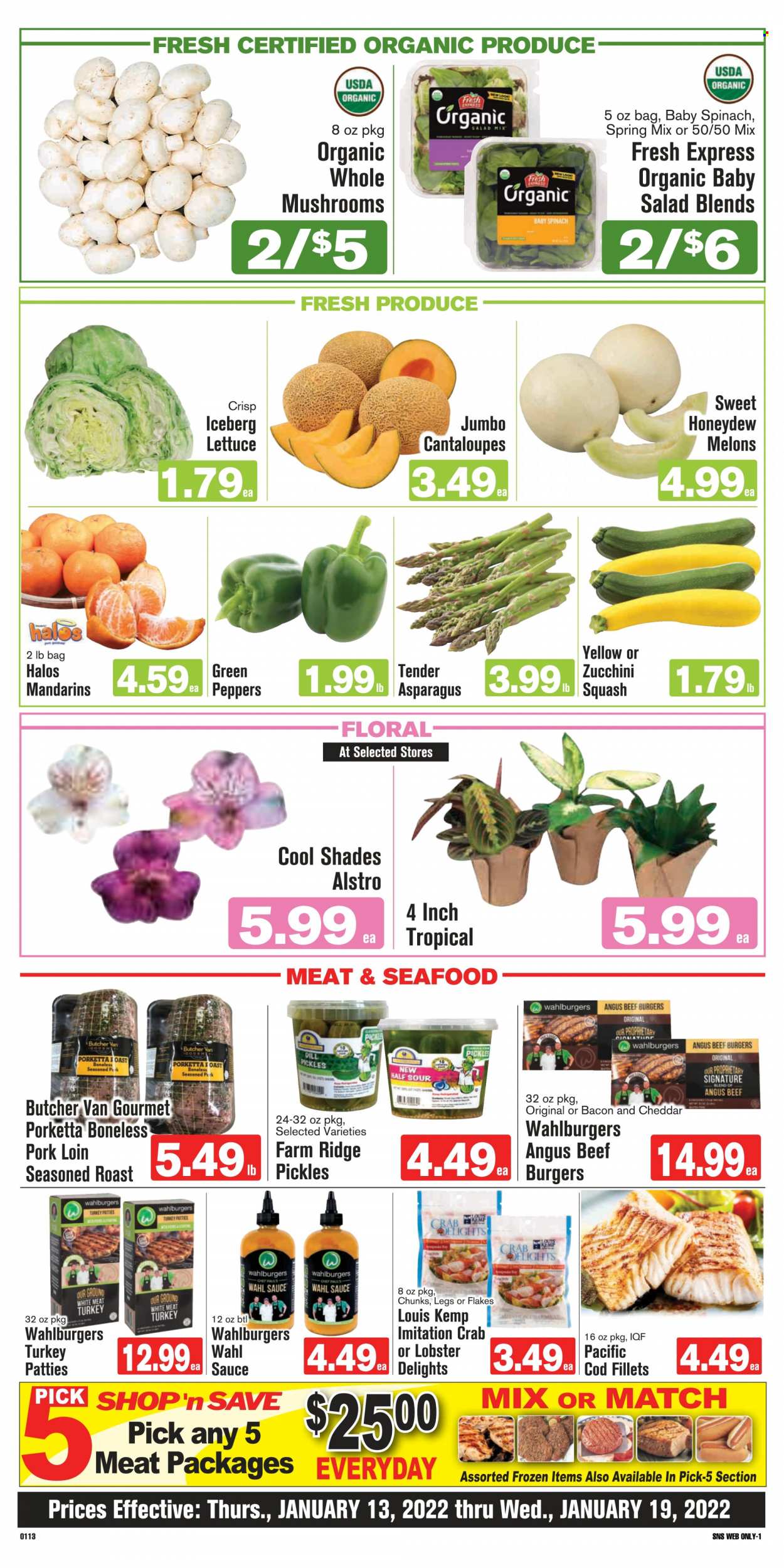 thumbnail - Shop ‘n Save Flyer - 01/13/2022 - 01/19/2022 - Sales products - mushrooms, asparagus, cantaloupe, spinach, zucchini, lettuce, salad, mandarines, honeydew, beef meat, hamburger, pork loin, pork meat, cod, lobster, seafood, crab, sauce, beef burger, bacon, cheddar, cheese, pickles, dill, melons. Page 3.