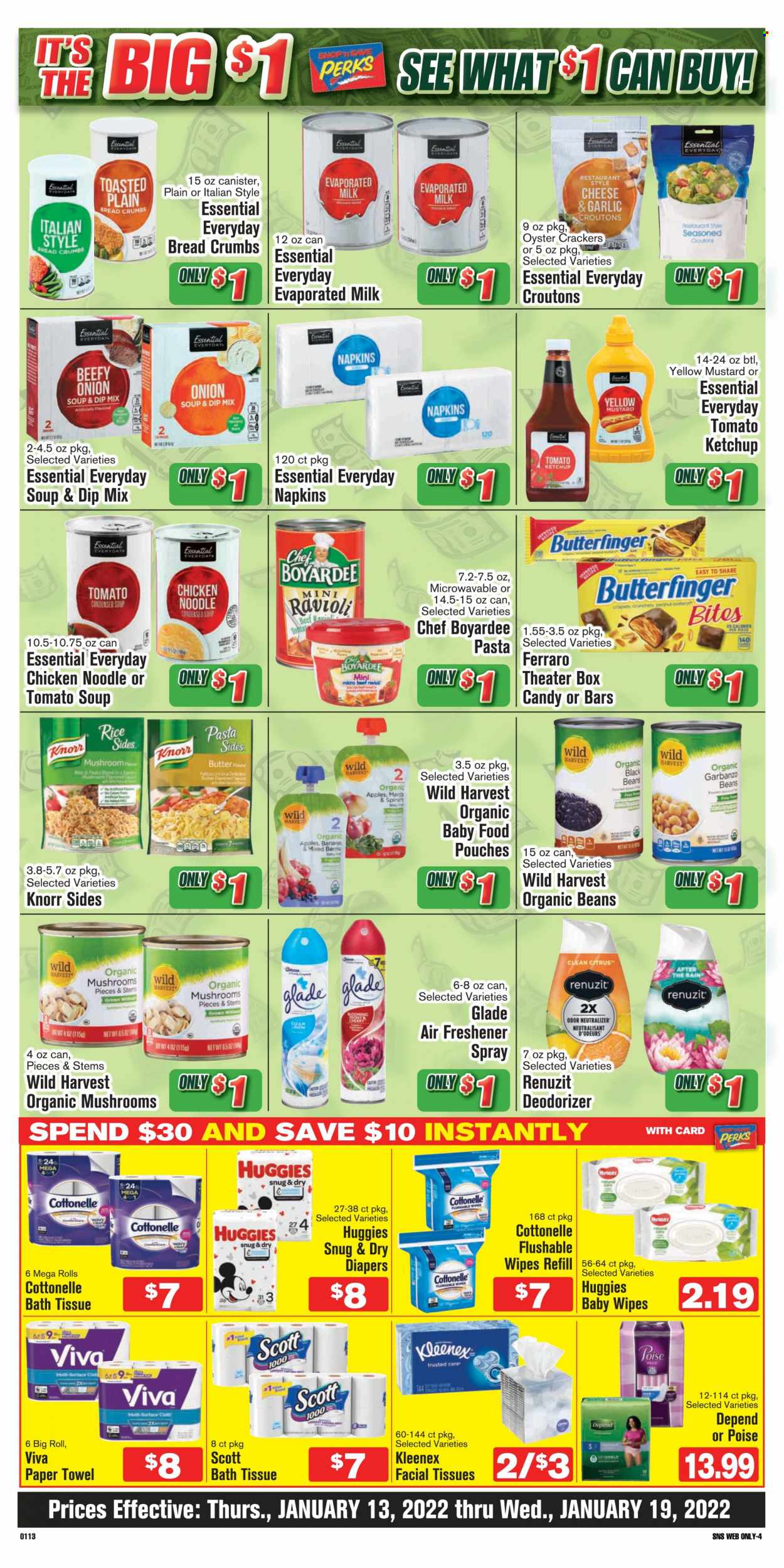 thumbnail - Shop ‘n Save Flyer - 01/13/2022 - 01/19/2022 - Sales products - breadcrumbs, beans, Wild Harvest, oysters, ravioli, tomato soup, condensed soup, soup, Knorr, sauce, noodles, instant soup, pasta sides, evaporated milk, butter, dip, crackers, croutons, oyster crackers, Chef Boyardee, rice, mustard, ketchup, organic baby food, bath tissue, Cottonelle, Kleenex, Scott, wipes, napkins, paper towels, facial tissues. Page 6.