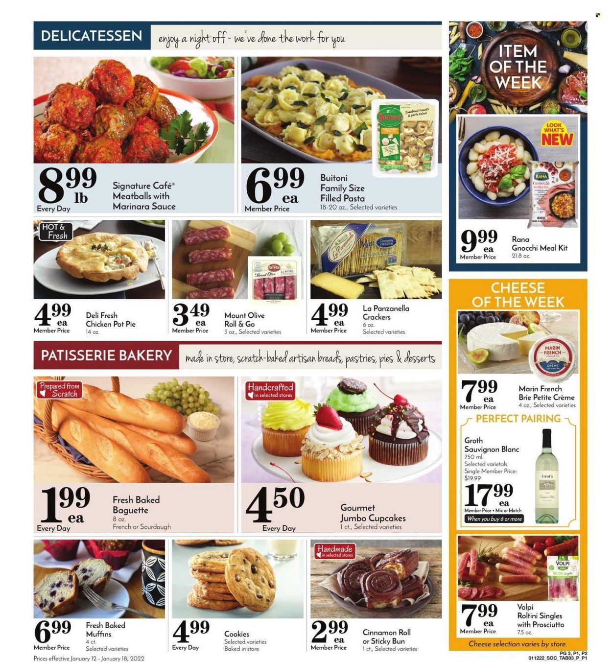 thumbnail - Pavilions Flyer - 01/12/2022 - 01/18/2022 - Sales products - baguette, pie, cinnamon roll, cupcake, pot pie, muffin, salad, gnocchi, meatballs, pasta, sauce, Rana, Buitoni, filled pasta, prosciutto, cheese, brie, cookies, crackers, white wine, Sauvignon Blanc, pot. Page 1.