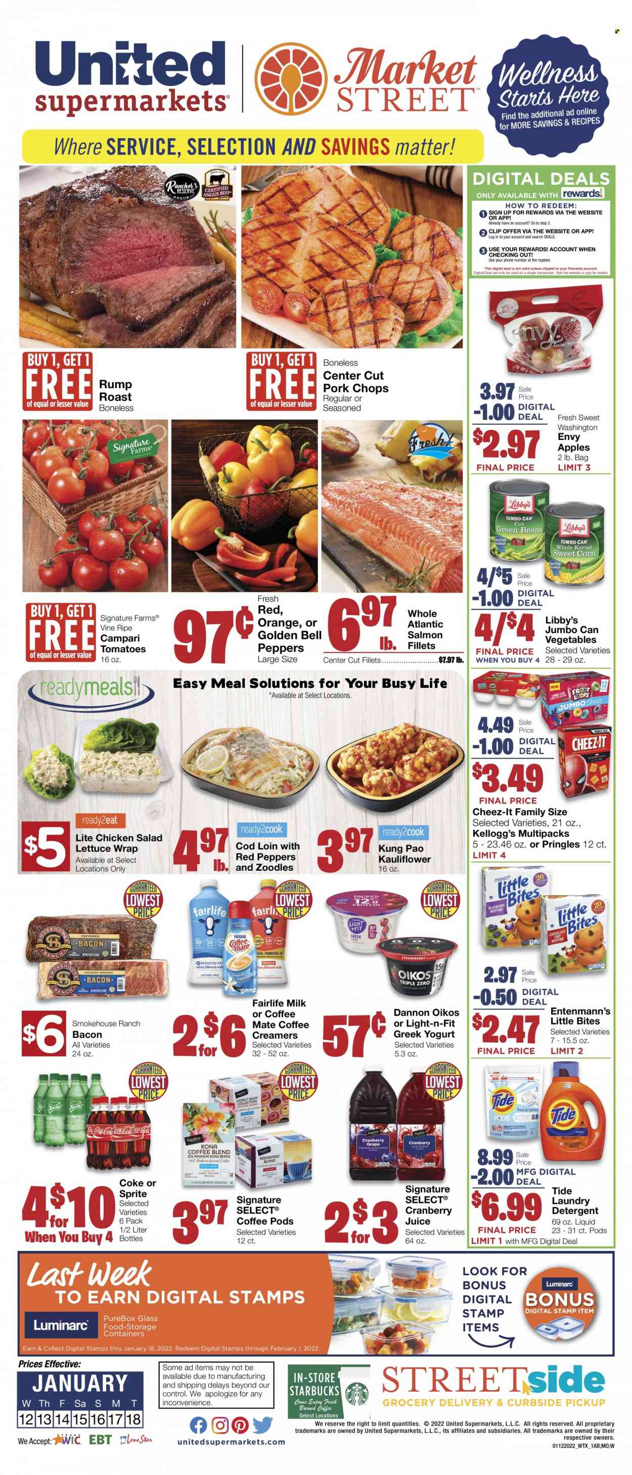 thumbnail - United Supermarkets Flyer - 01/12/2022 - 01/18/2022 - Sales products - Entenmann's, bell peppers, tomatoes, lettuce, salad, red peppers, apples, pork chops, pork meat, cod, salmon, salmon fillet, bacon, chicken salad, greek yoghurt, yoghurt, Oikos, Dannon, Coffee-Mate, milk, Kellogg's, Little Bites, Pringles, Cheez-It, Coca-Cola, cranberry juice, Sprite, juice, coffee pods, Starbucks, detergent, Tide, laundry detergent, storage box. Page 1.