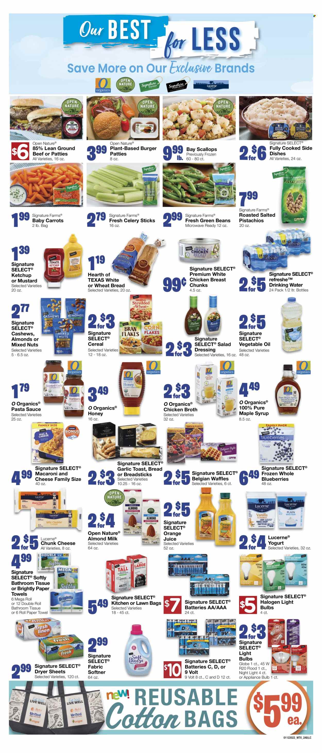 thumbnail - United Supermarkets Flyer - 01/12/2022 - 01/18/2022 - Sales products - wheat bread, waffles, beans, carrots, green beans, blueberries, chicken breasts, beef meat, ground beef, hamburger, scallops, macaroni & cheese, pasta sauce, sauce, chunk cheese, yoghurt, almond milk, bread sticks, celery sticks, chicken broth, broth, cereals, mustard, salad dressing, ketchup, dressing, vegetable oil, oil, maple syrup, honey, syrup, cashews, pistachios, mixed nuts, orange juice, juice, bath tissue, kitchen towels, paper towels, dryer sheets, battery, bulb, light bulb. Page 2.