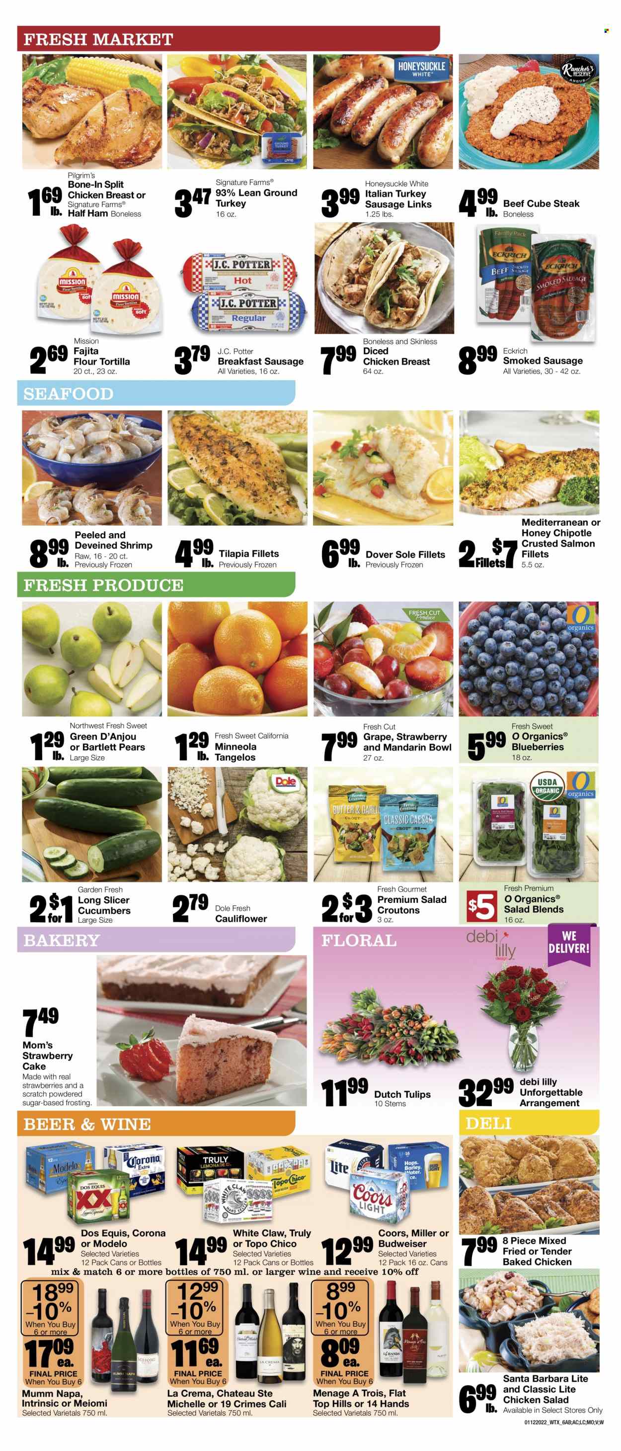 thumbnail - United Supermarkets Flyer - 01/12/2022 - 01/18/2022 - Sales products - Bartlett pears, tangelos, tortillas, cake, cauliflower, cucumber, salad, Dole, mandarines, pears, ground turkey, chicken breasts, steak, salmon, salmon fillet, tilapia, seafood, shrimps, fajita, half ham, ham, sausage, smoked sausage, italian sausage, chicken salad, Santa, croutons, frosting, sugar, icing sugar, wine, White Claw, TRULY, beer, Corona Extra, Miller, Modelo, slicer, bowl, Hill's, Budweiser, Coors, Dos Equis. Page 6.