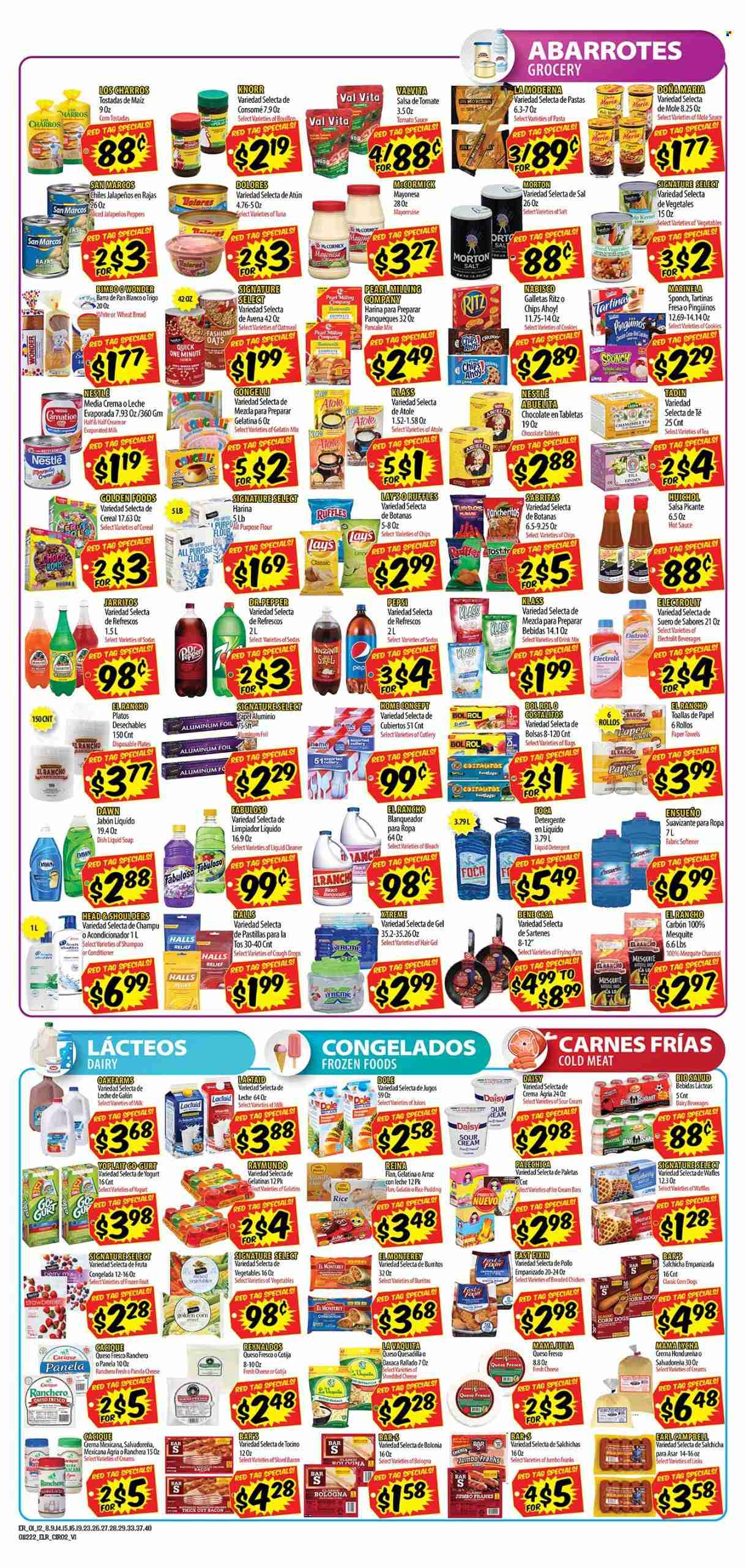 thumbnail - El Rancho Flyer - 01/12/2022 - 01/18/2022 - Sales products - Fast Fixin', wheat bread, tostadas, waffles, Dole, peppers, tuna, pasta, Knorr, sauce, fried chicken, pancakes, burrito, bacon, bologna sausage, Lactaid, shredded cheese, queso fresco, Panela cheese, yoghurt, Yoplait, rice pudding, evaporated milk, sour cream, mayonnaise, cookies, Nestlé, Halls, chocolate, Chips Ahoy!, RITZ, Lay’s, Ruffles, flour, oatmeal, oats, tomato sauce, cereals, hot sauce, salsa, Pepsi, juice, Dr. Pepper, tea. Page 2.