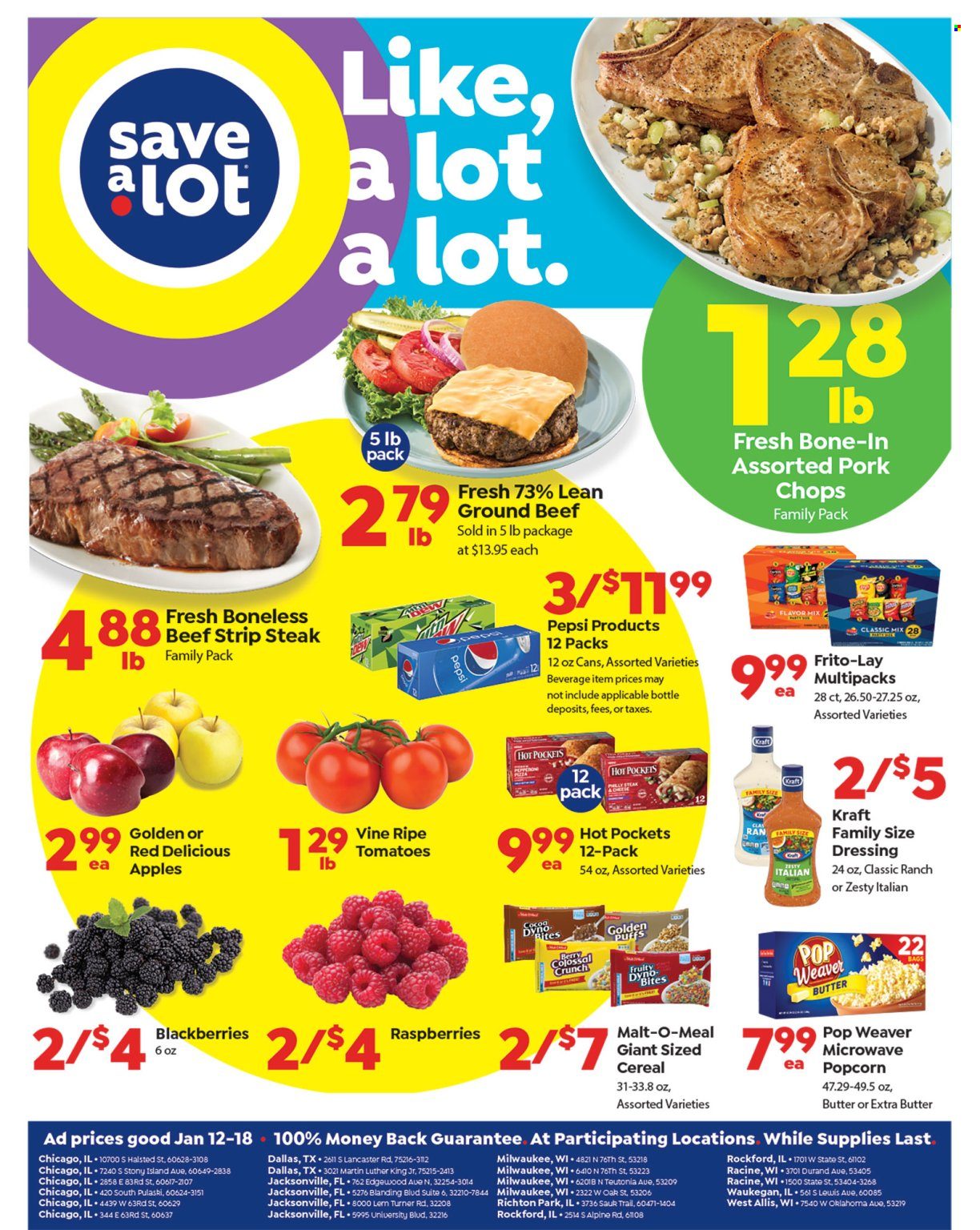 thumbnail - Save a Lot Flyer - 01/12/2022 - 01/18/2022 - Sales products - tomatoes, apples, blackberries, Red Delicious apples, hot pocket, Kraft®, popcorn, Frito-Lay, malt, cereals, dressing, Pepsi, beef meat, ground beef, steak, striploin steak. Page 1.