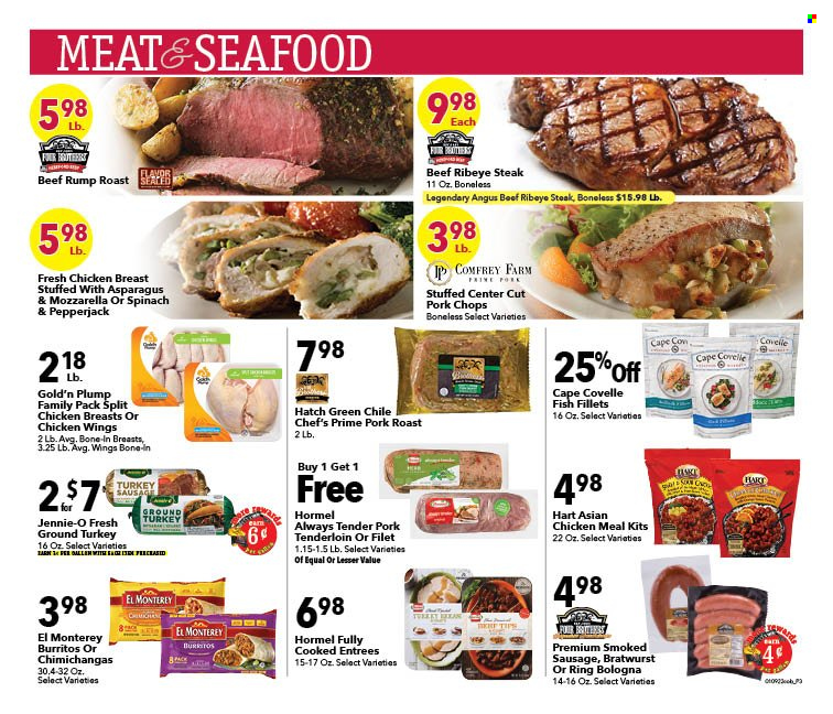 thumbnail - Coborn's Flyer - 01/12/2022 - 01/18/2022 - Sales products - asparagus, fish fillets, seafood, fish, burrito, Hormel, bratwurst, sausage, smoked sausage, mozzarella, Pepper Jack cheese, chicken wings, ground turkey, chicken breasts, beef meat, beef steak, steak, ribeye steak, pork chops, pork meat, pork roast, pork tenderloin. Page 3.