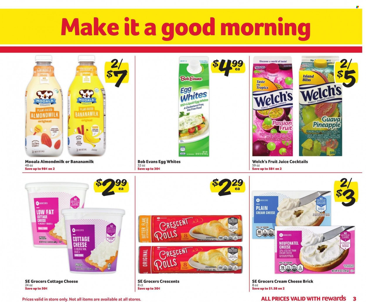 thumbnail - Winn Dixie Flyer - 01/12/2022 - 01/25/2022 - Sales products - crescent rolls, guava, pineapple, Welch's, Bob Evans, cottage cheese, cream cheese, Neufchâtel, cheese, almond milk, shake, eggs, butter, corn syrup, honey, syrup, juice, fruit juice, calcium. Page 3.