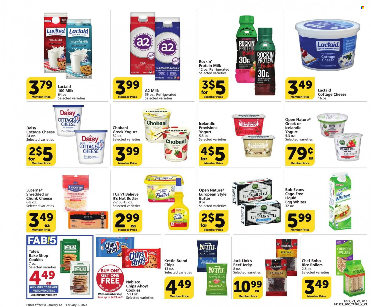 thumbnail - Vons Flyer - 01/12/2022 - 02/01/2022 - Sales products - jalapeño, Bob Evans, beef jerky, jerky, cottage cheese, Lactaid, cheese, chunk cheese, greek yoghurt, yoghurt, Chobani, milk, eggs, cage free eggs, salted butter, I Can't Believe It's Not Butter, cookies, Chips Ahoy!, potato chips, chips, Jack Link's, rice. Page 5.