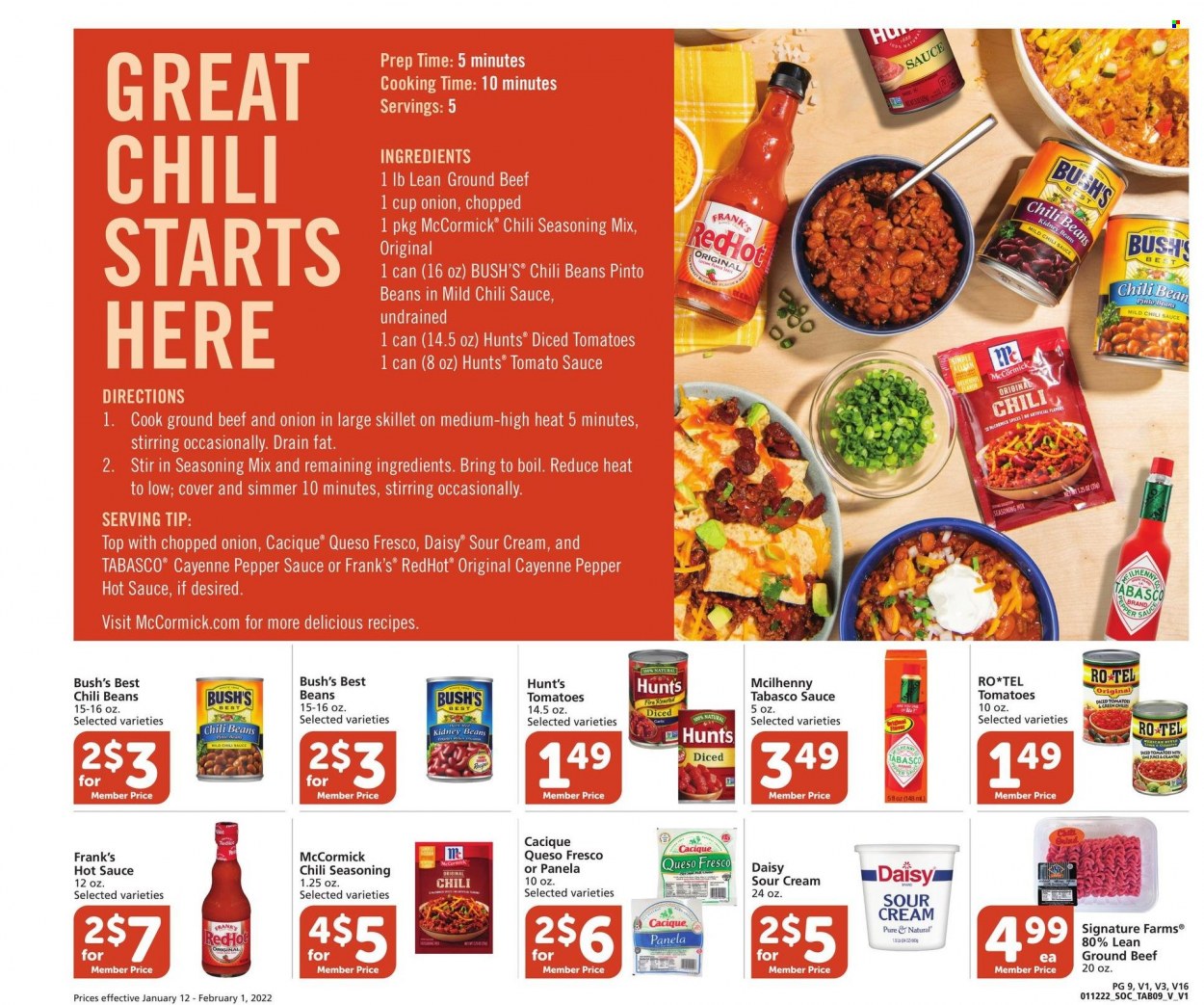 thumbnail - Vons Flyer - 01/12/2022 - 02/01/2022 - Sales products - tomatoes, beef meat, ground beef, queso fresco, Milo, sour cream, tabasco, tomato sauce, kidney beans, pinto beans, chili beans, rice, cilantro, pepper, spice, hot sauce, chilli sauce. Page 9.