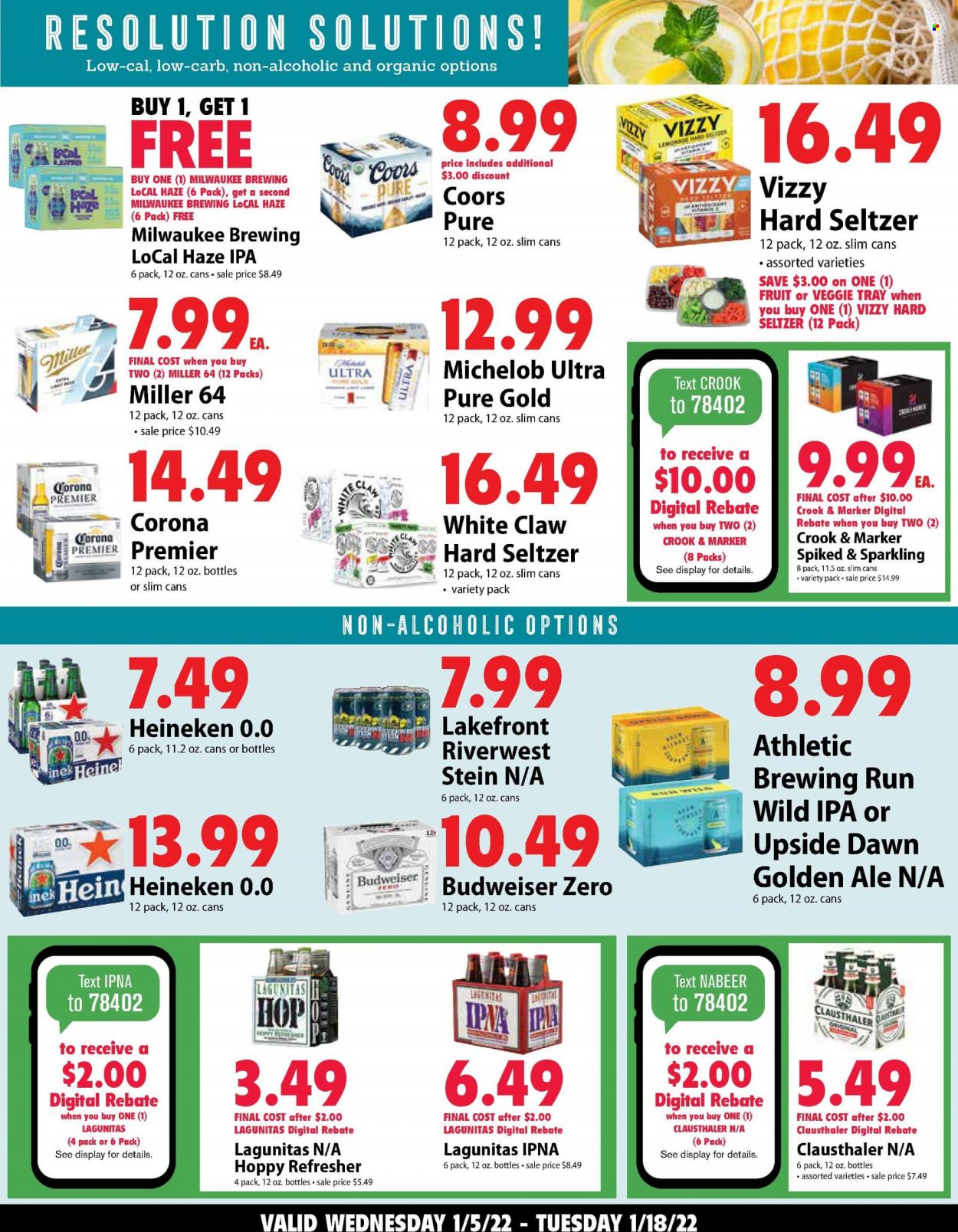 thumbnail - Festival Foods Flyer - 01/12/2022 - 01/18/2022 - Sales products - lemonade, White Claw, Hard Seltzer, beer, Corona Extra, Heineken, Miller, IPA, refresher, Budweiser, Coors, Michelob. Page 5.