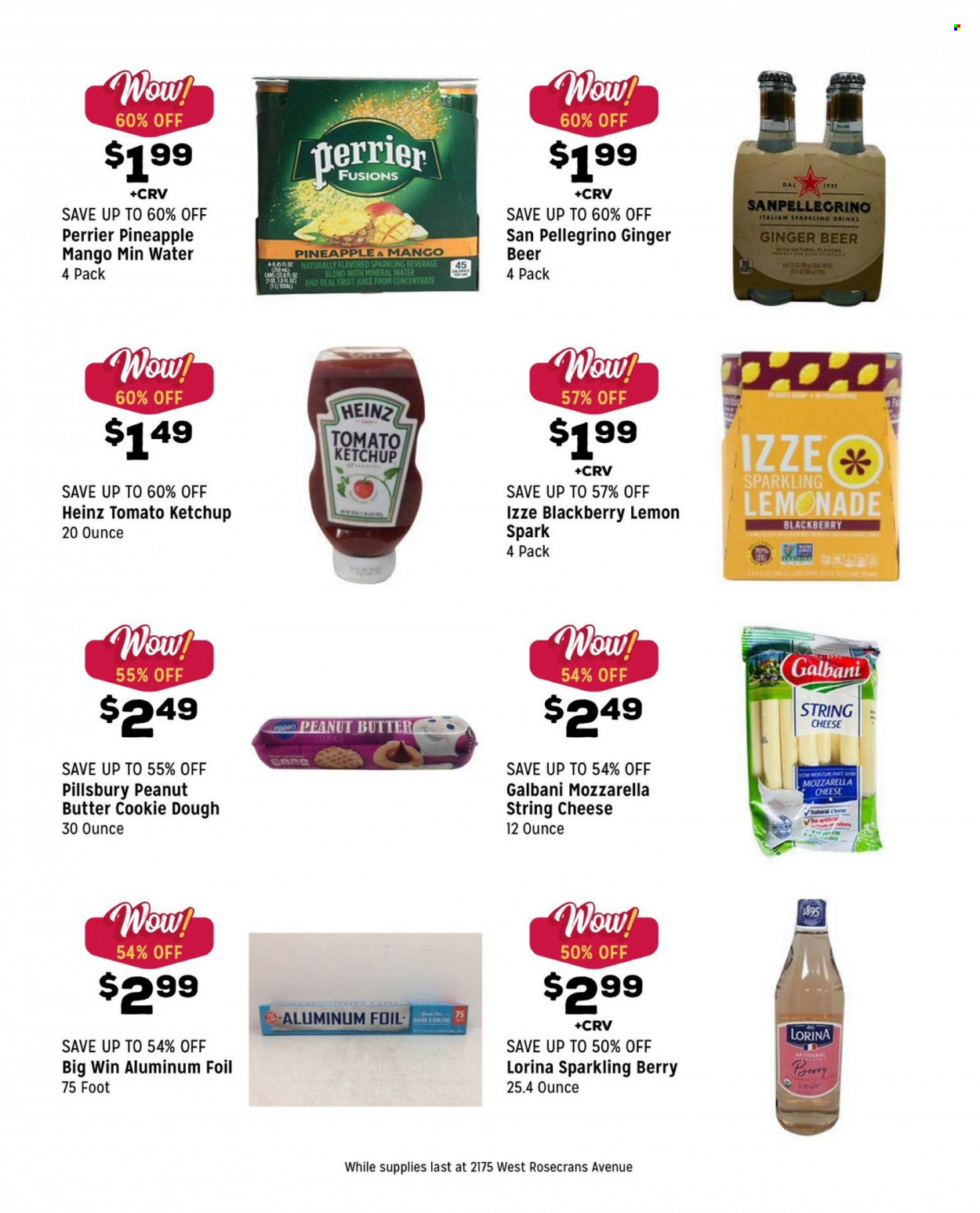 thumbnail - Grocery Outlet Flyer - 01/12/2022 - 01/18/2022 - Sales products - pineapple, Pillsbury, mozzarella, string cheese, cheese, Galbani, cookie dough, Heinz, ketchup, lemonade, juice, fruit juice, Perrier, mineral water, San Pellegrino, beer, ginger beer. Page 3.