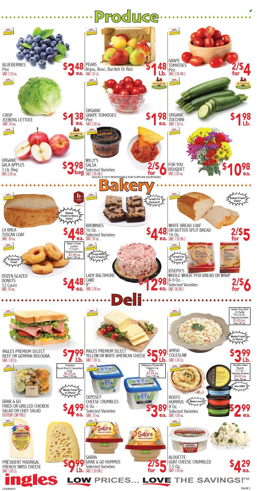 thumbnail - Ingles Flyer - 01/12/2022 - 01/18/2022 - Sales products - bread, white bread, pita, brownies, donut, tomatoes, zucchini, lettuce, apples, blueberries, Gala, pears, coleslaw, german bologna, hummus, chicken salad, american cheese, camembert, goat cheese, mozzarella, swiss cheese, cheese, brie, Président, feta, butter, cookies, salsa, cup, gelatin. Page 2.