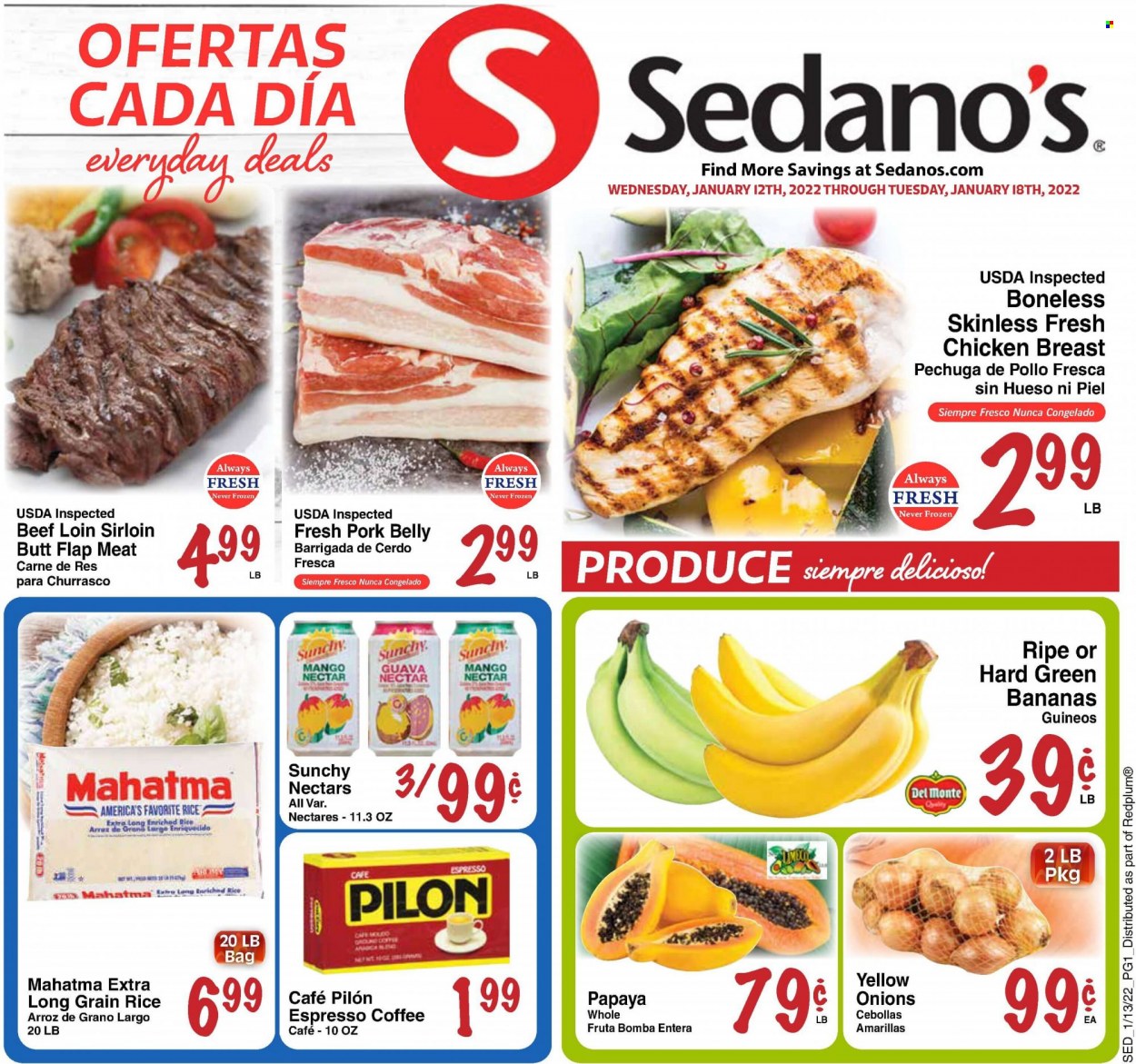 thumbnail - Sedano's Flyer - 01/12/2022 - 01/18/2022 - Sales products - onion, bananas, guava, mango, rice, long grain rice, coffee, chicken breasts, pork belly, pork meat. Page 1.