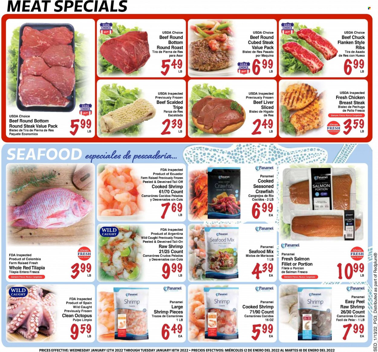 thumbnail - Sedano's Flyer - 01/12/2022 - 01/18/2022 - Sales products - salmon, tilapia, octopus, seafood, shrimps, crawfish, chicken breasts, beef liver, beef meat, steak, round roast, round steak. Page 3.