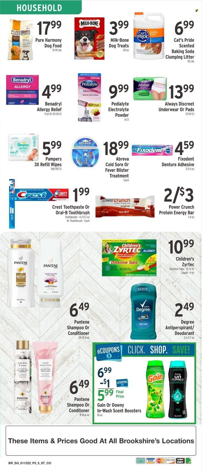 thumbnail - Brookshires Flyer - 01/12/2022 - 01/18/2022 - Sales products - milk, butter, bicarbonate of soda, wipes, Pampers, Gain, scent booster, shampoo, toothbrush, Oral-B, toothpaste, Fixodent, Crest, sanitary pads, Always Discreet, Abreva, conditioner, Pantene, anti-perspirant, deodorant, cat litter, animal food, dog food, Pure Harmony, Zyrtec, allergy relief. Page 5.