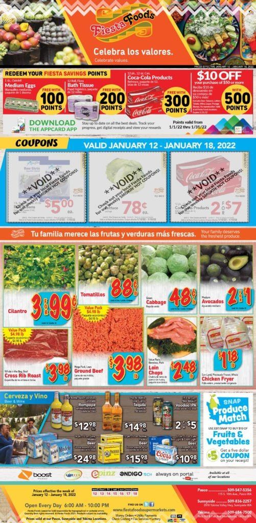 thumbnail - Fiesta Foods SuperMarkets Flyer - 01/12/2022 - 01/18/2022 - Sales products - cabbage, tomatillo, avocado, eggs, cilantro, Coca-Cola, Boost, wine, tequila, beer, IPA, beef meat, ground beef, Coors. Page 1.