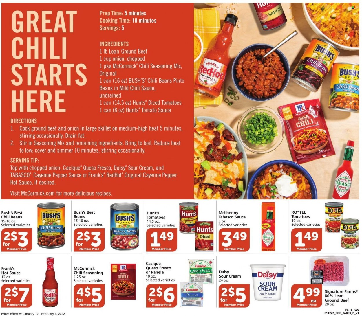thumbnail - Pavilions Flyer - 01/12/2022 - 02/01/2022 - Sales products - tomatoes, queso fresco, sour cream, tabasco, tomato sauce, kidney beans, pinto beans, chili beans, cilantro, pepper, spice, hot sauce, chilli sauce, beef meat, ground beef. Page 3.