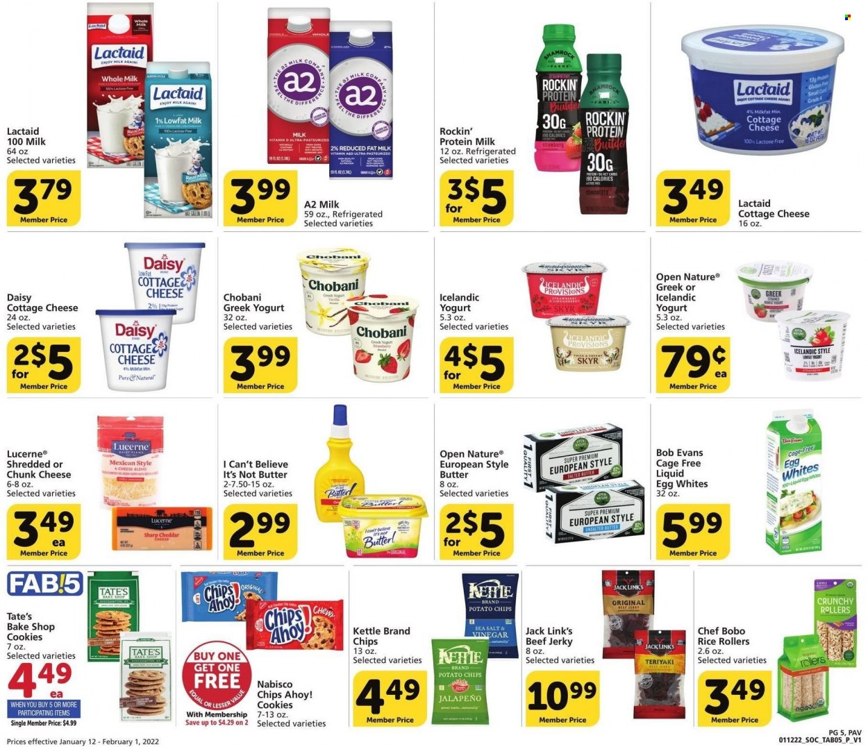 thumbnail - Pavilions Flyer - 01/12/2022 - 02/01/2022 - Sales products - jalapeño, eel, hake, Bob Evans, beef jerky, jerky, cottage cheese, Lactaid, cheese, chunk cheese, greek yoghurt, yoghurt, Chobani, milk, eggs, cage free eggs, salted butter, I Can't Believe It's Not Butter, cookies, Chips Ahoy!, potato chips, chips, Jack Link's, rice, pot. Page 5.