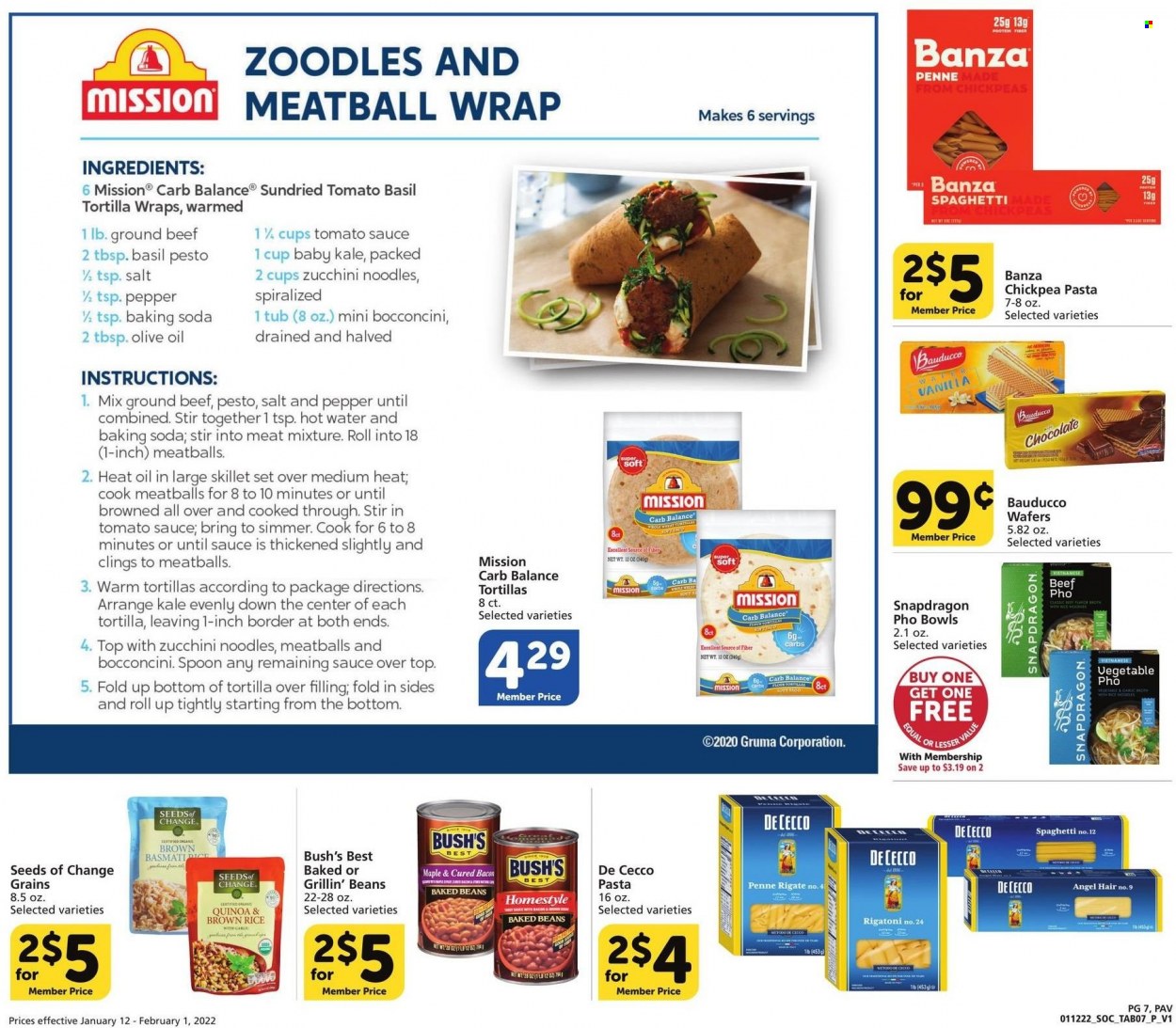 thumbnail - Pavilions Flyer - 01/12/2022 - 02/01/2022 - Sales products - tortillas, wraps, zucchini, kale, spaghetti, meatballs, pasta, noodles, bocconcini, wafers, chocolate, bicarbonate of soda, baked beans, brown rice, quinoa, rice, chickpeas, penne, pepper, pesto, basil pesto, olive oil, beef meat, ground beef. Page 7.