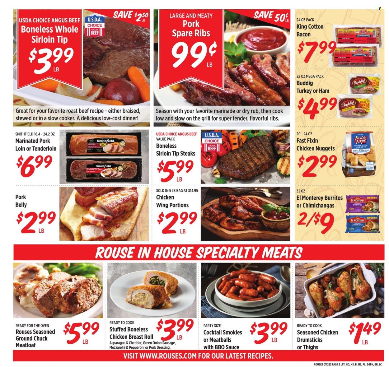 thumbnail - Rouses Markets Flyer - 01/12/2022 - 01/19/2022 - Sales products - Fast Fixin', onion, meatballs, nuggets, chicken nuggets, meatloaf, burrito, bacon, sausage, pepperoni, BBQ sauce, dressing, marinade, chicken breasts, beef meat, ground chuck, steak, roast beef, pork meat, pork ribs, pork spare ribs, marinated pork. Page 2.