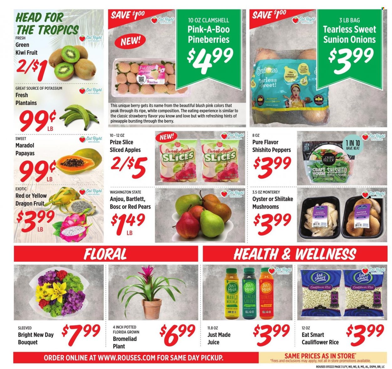 thumbnail - Rouses Markets Flyer - 01/12/2022 - 01/19/2022 - Sales products - mushrooms, cauliflower, ginger, peppers, apples, kiwi, mango, pears, dragon fruit, oysters, rice, turmeric, juice, mouse, bouquet, Moringa, plantains. Page 3.