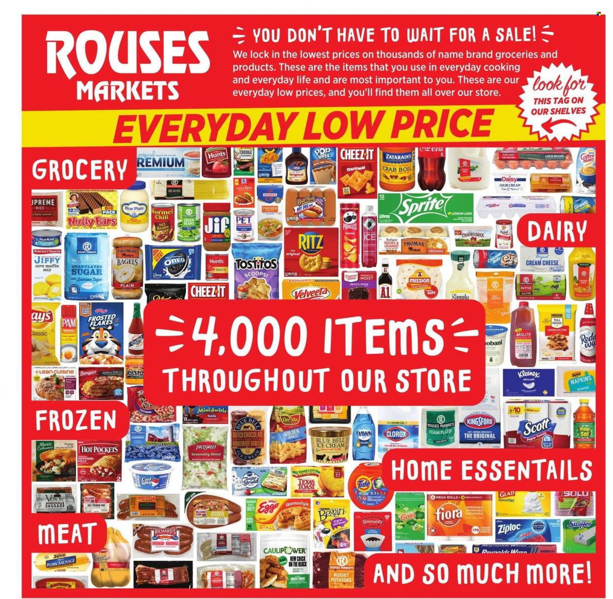 thumbnail - Rouses Markets Flyer - 01/12/2022 - 01/19/2022 - Sales products - bagels, muffin mix, beans, corn, green beans, russet potatoes, potatoes, crab, StarKist, hot dog, Lean Cuisine, Hormel, sausage, pork sausage, cheese, Oreo, eggs, butter, Cool Whip, ice cream, Blue Bell, Nestlé, chocolate chips, RITZ, Pringles, granulated sugar, sugar, corn muffin, Frosted Flakes, rice, spice, Jif, Sprite, L'Or, napkins, Kleenex, Scott, kitchen towels, paper towels, Gain, Clorox, Pine-Sol, Ziploc, foam plates, Friskies, Jiffy. Page 9.